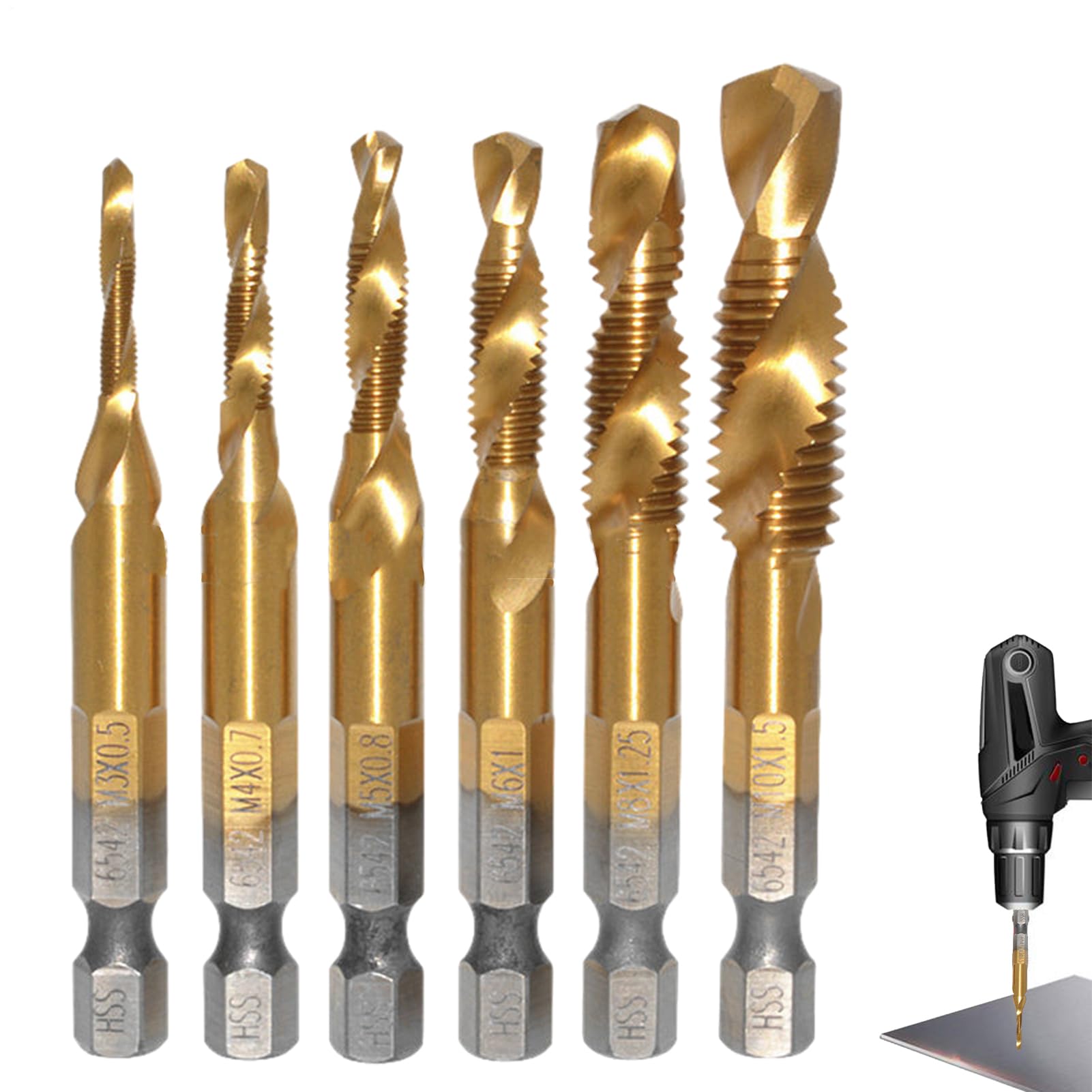 Juego De Machos De Roscar Fresa de Desbarbar con Vástago Hexagonal | Combinación De Machos Y Brocas Para Trabajos En Metal Madera Taller Mecánico Fontanería Electricidad