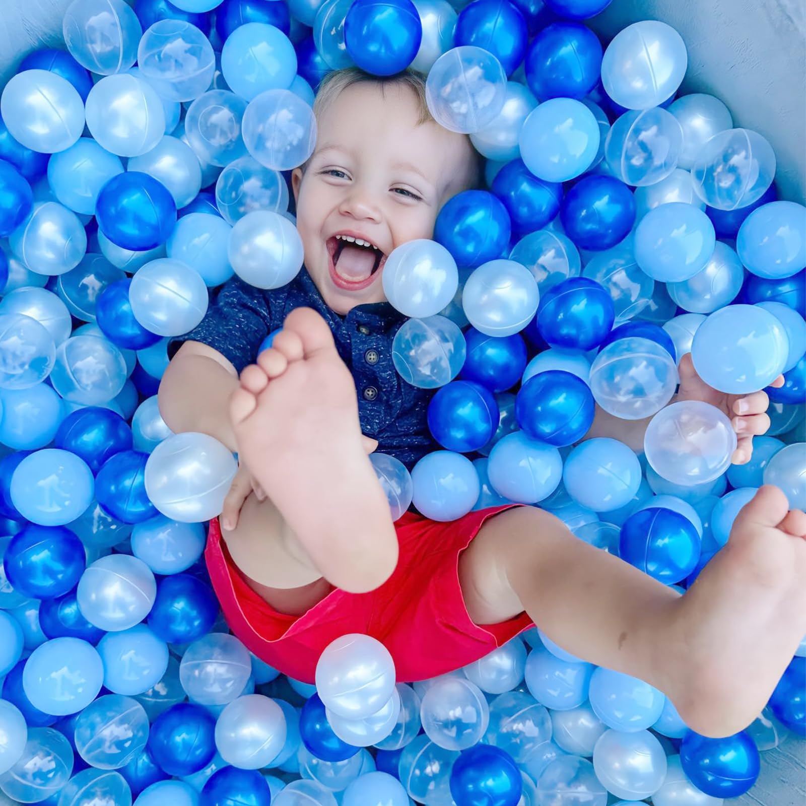 GOGOSO Ball Pit Balls for Toddles Kids Plastic Ballpits Accessories Crush Proof Durable Fun Shape Play Baby Bath Toys,2.15inch 100count Blue+Deep Blue+Pear White+Clear