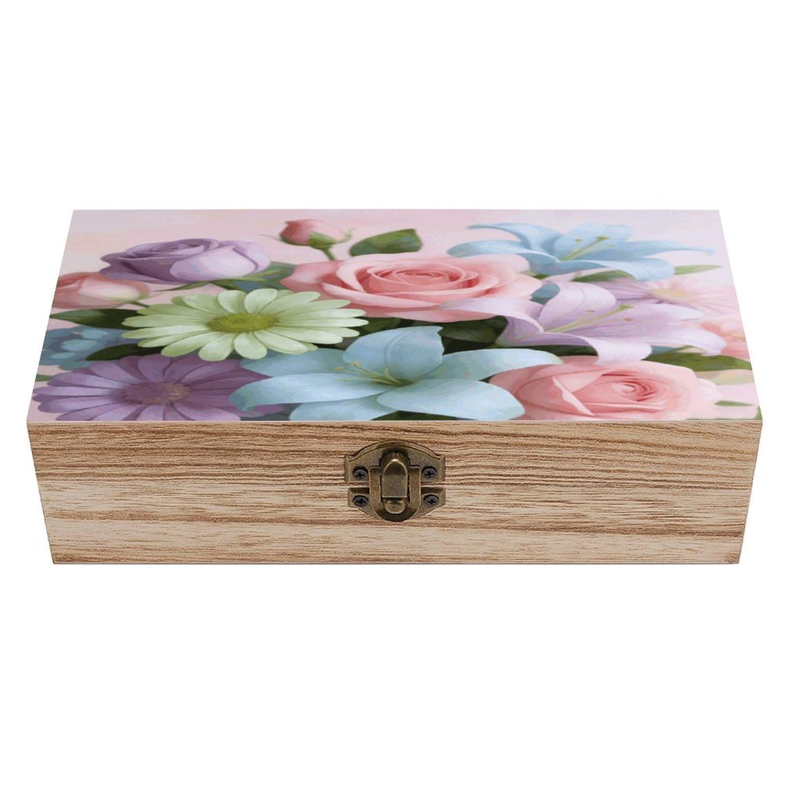 LZQPOEAS Pastel Bloom Wooden Keepsake Box Wooden Storage Box Container with Hinged Lid Beautiful Wood Memory Box Decorative Jewelry Case for Crafts Art Hobbies & Trinket Storage