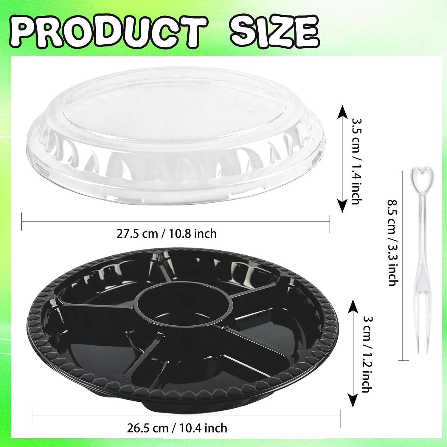 20 Pack Plastic Appetizer Trays with Lid Disposable Serving Platters with 100 Forks 6 Divided Round Plastic Tray for Veggie Fruit Snack Party and Buffet Catering Trays, 10 Inch, 2 Colors