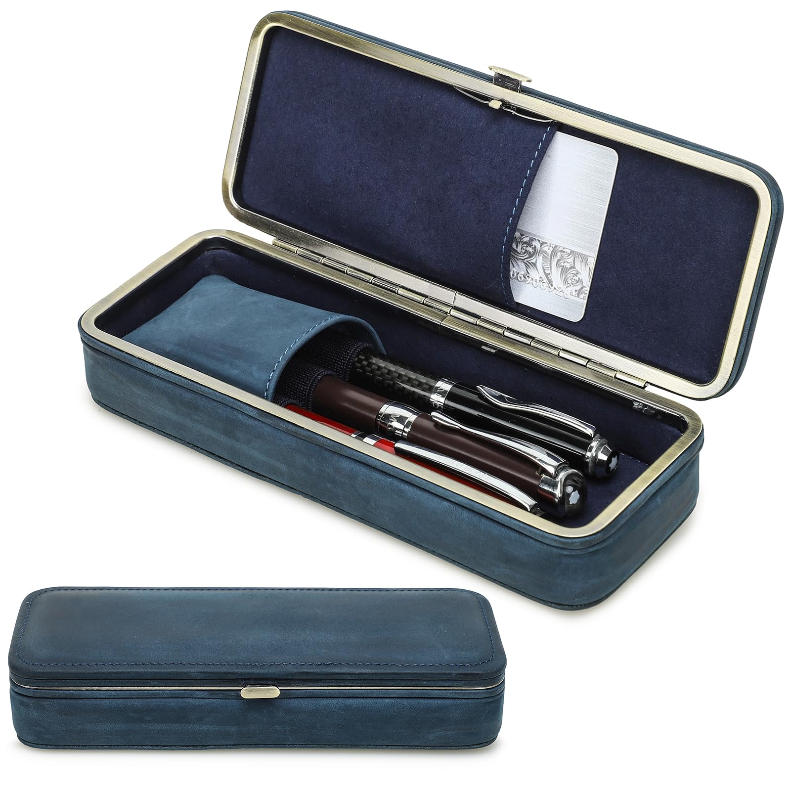CONTACTS Leather 4 Slots Pens Case Box Handcrafted,Metal frame Closure Pencil Organizer Pockets Stationery Bag for Men/Woman Vintage Office Pen Pouch with Card Slot (Blue-4 slot)