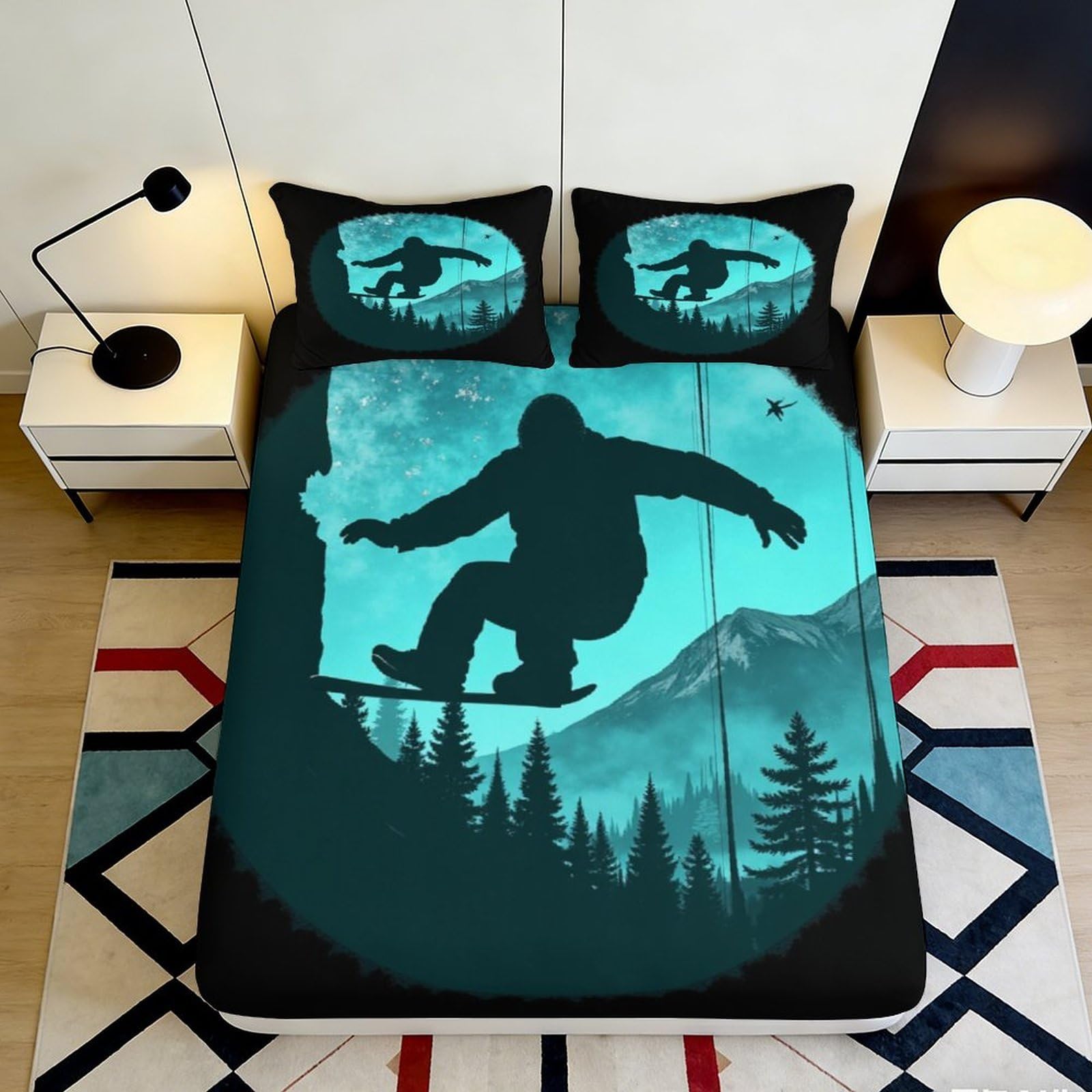 3D Printed Snowboard Silhouette Fitted Sheet Microfiber Soft Mountain Forest Bed Cover for Bedroom Dorm Decor 90x200x25cm
