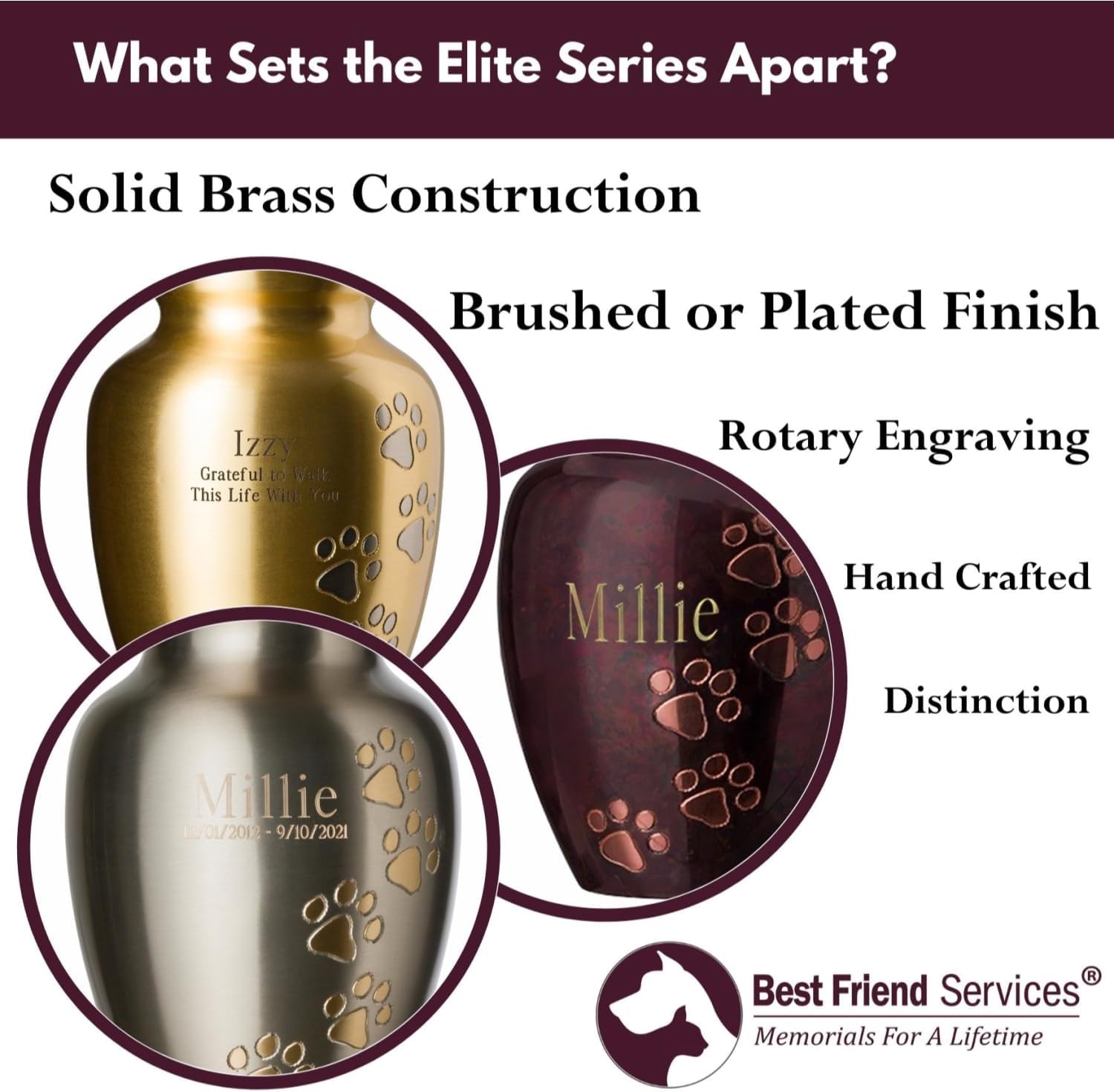 Ottillie Paws Elite Series Pet Urn for Dogs and Cats with Personalized Engraving (Small - Pets up to 25 lbs, Pewter, Vertical Brass Paws)