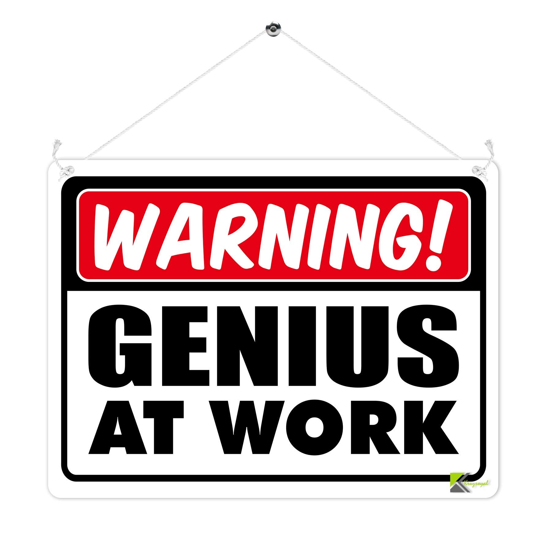 Kruzroyal MP346 WARNING!, Genius at work. Funny Novelty Retro Vintage Metal Wall Sign Plaque 20cm x 15cm