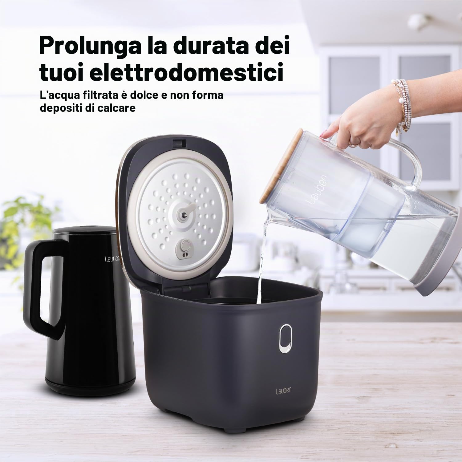Lauben 32GW - Filtro d'acqua in vetro, capacità 3,2 l, vetro borosilicato, cartuccia inclusa, coperchio antibatterico in bambù, nessun retrogusto in plastica