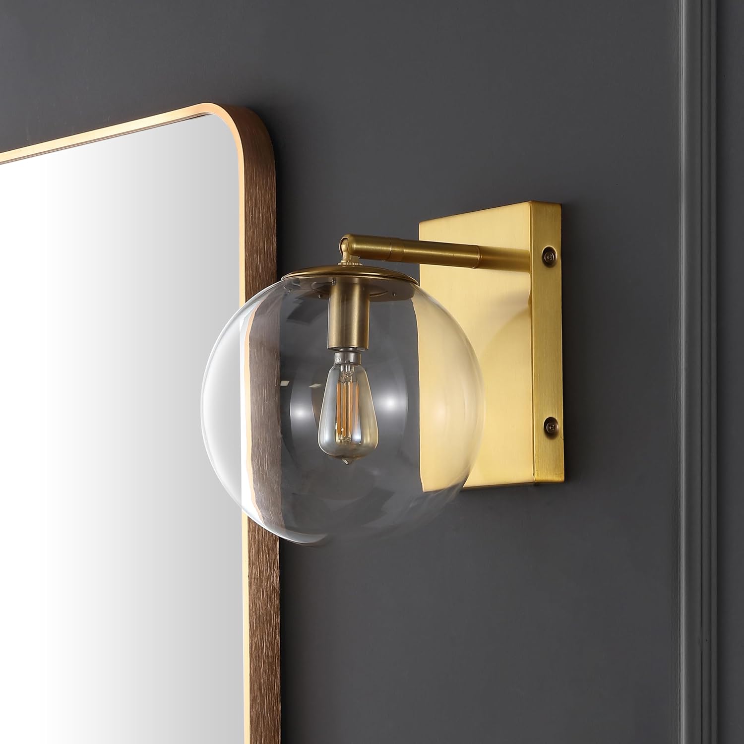 SAFAVIEH Lighting Collection Seoul Modern Gold/Clear Glass Globe Shade Wall Sconce Set of 2 Light Fixture, Ideal for Bathroom, Entryway, Vanity, Foyer, Hallway, Living Room (LED Bulbs Included)