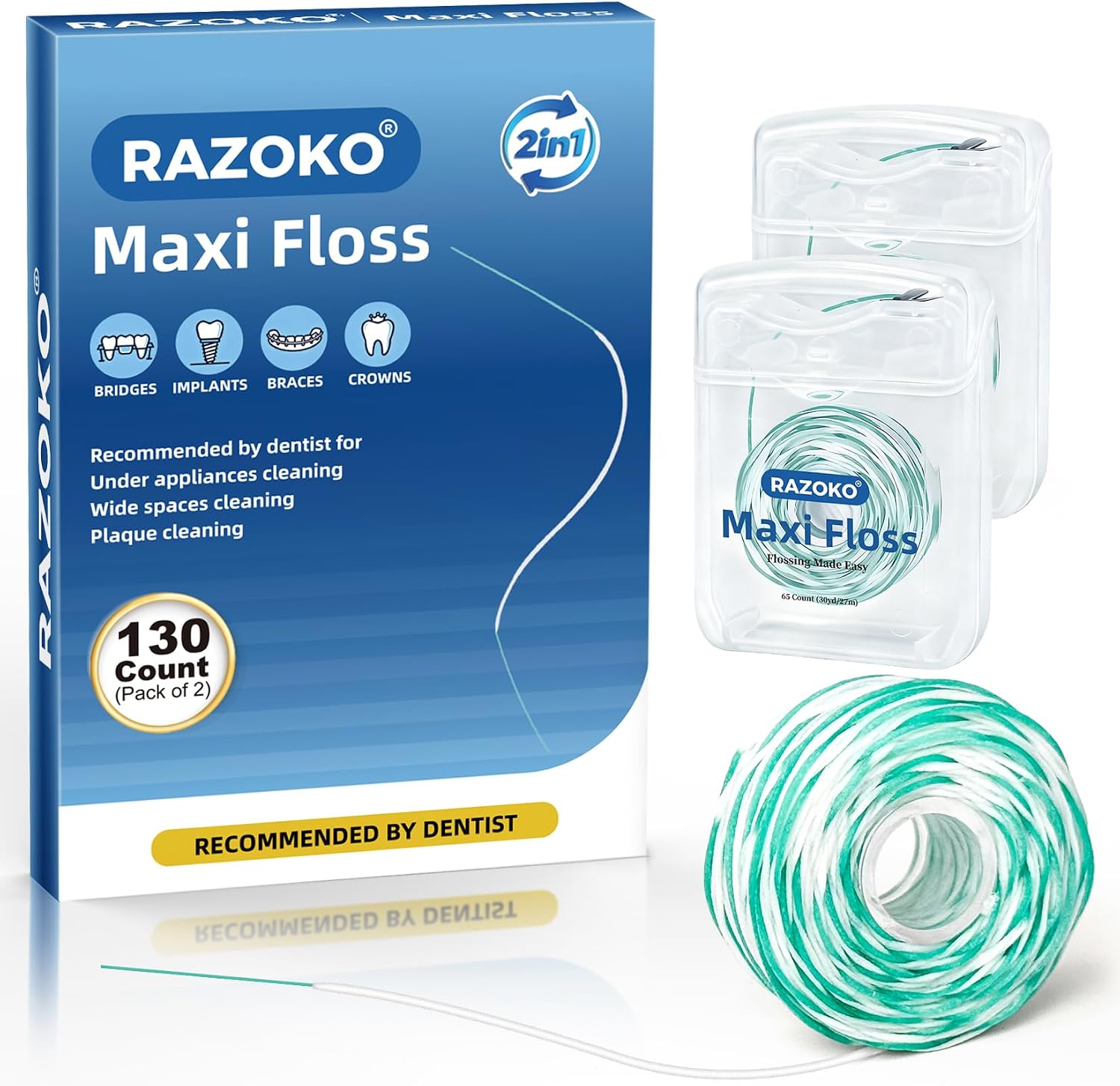 RAZOKO Threader Floss for Braces,Implants and Wide Tooth Gaps-130 Count Pre-Measured Strands 2-in-1 Expanding Waxed Dental Floss for Deep Clean,Gentle for Adults & Kids,Light Mint Flavored