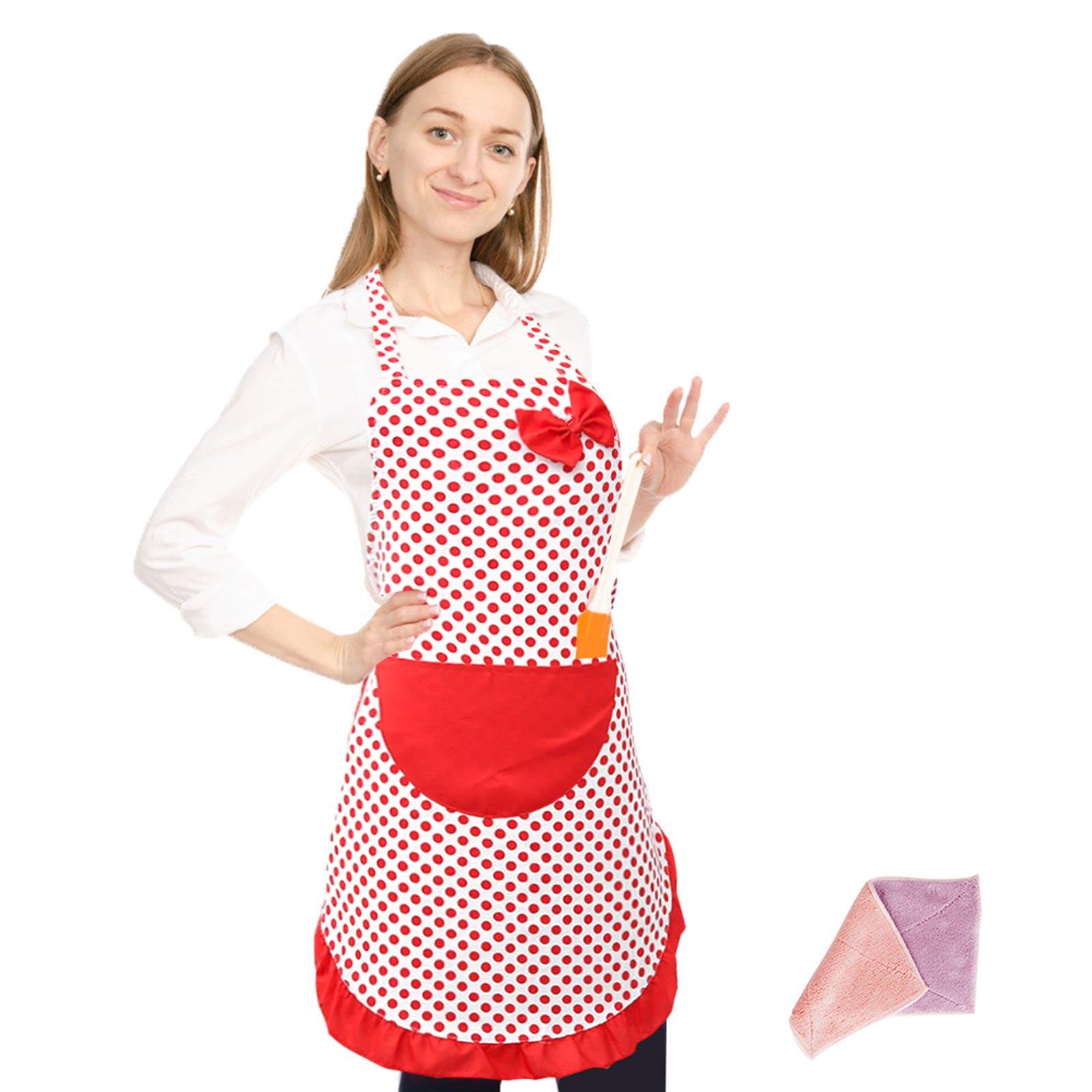 SwirlColor Delantales de Cocina Mujer Niña Adolescente, Delgadas, Lindo Delantal de Lunares, Impermeable, Delantal de Lona para Hornear con Paño de Limpieza Color Aleatorio