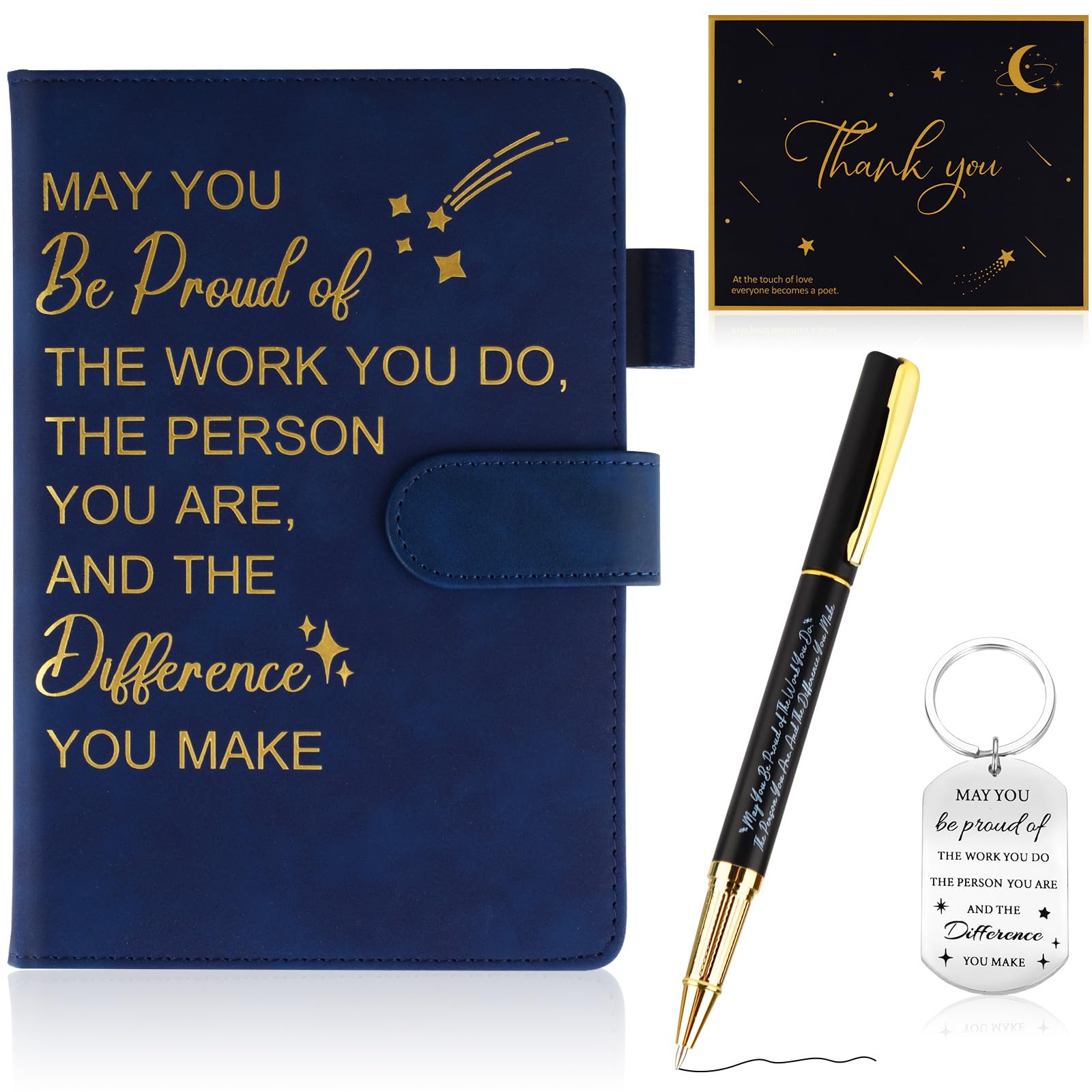 DASHUAIGE Employee Appreciation Gift Leather Notebook, Inspirational Keyring, Greeting Card and Pen Set Leaving Present Appreciation Gifts for Colleagues, Teachers, Friends, Office (Navy Blue)
