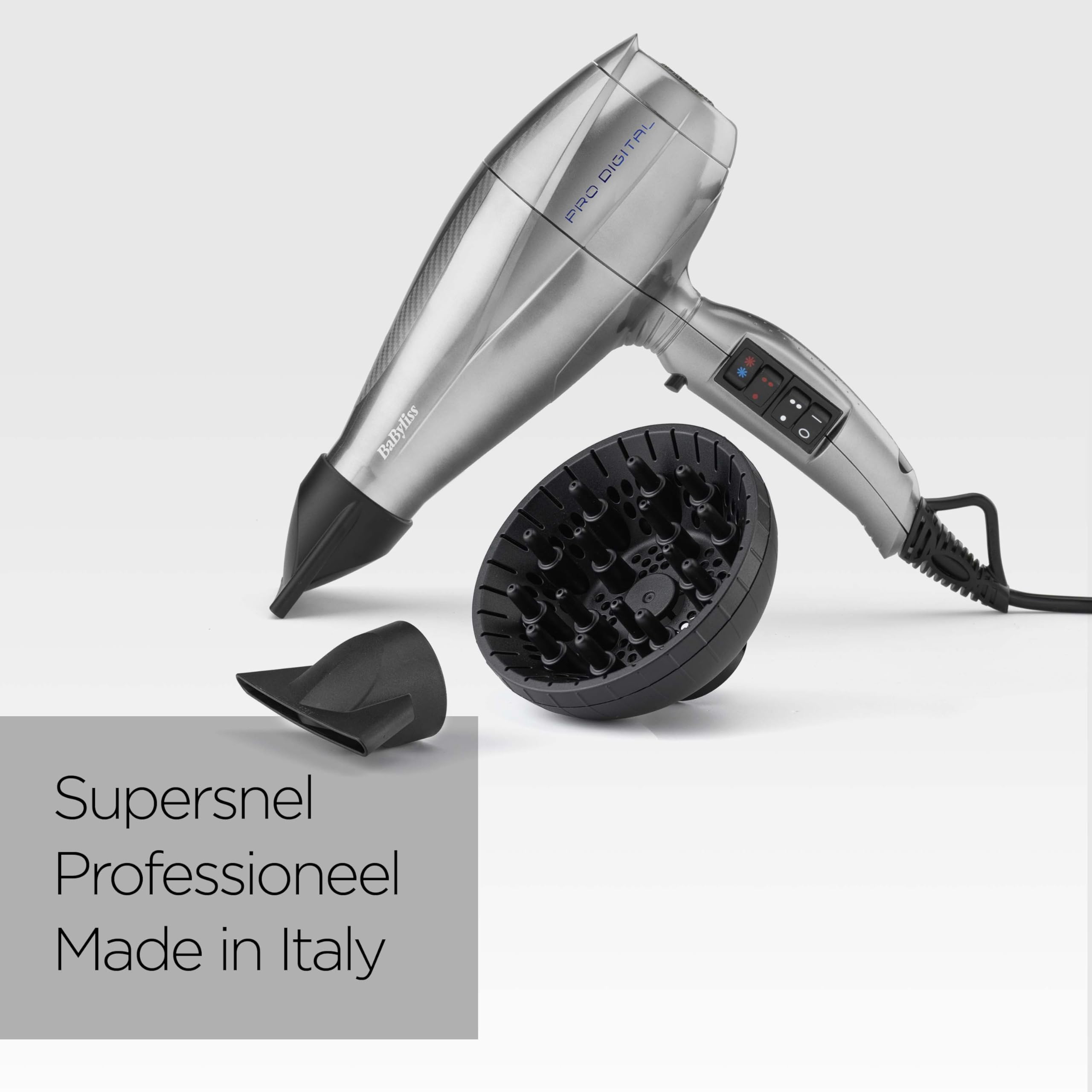 Suszarka do włosów BaByliss Pro Digital z dyfuzorem - 2200 W Ultra-szybka profesjonalna suszarka z jonizacją, wyprodukowana we Włoszech, 3 ustawienia temperatury i 2 prędkości, srebrna, 6000E