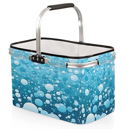 Kizmoglux Blue Dot Circle Collapsible Market Basket, Foldable Picnic Basket - Large Shopping Basket with Handles, Portable Folding Bag for Shopping Camping Picnic