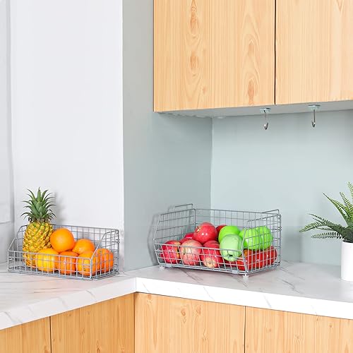 Vista 3 de 2-Tier Fruit Vegetable Basket Wall-mounted Wire Storage Baskets Detachable Stackable Countertop Bin Kitchen Organizer Pantry for Snack Canned Foods