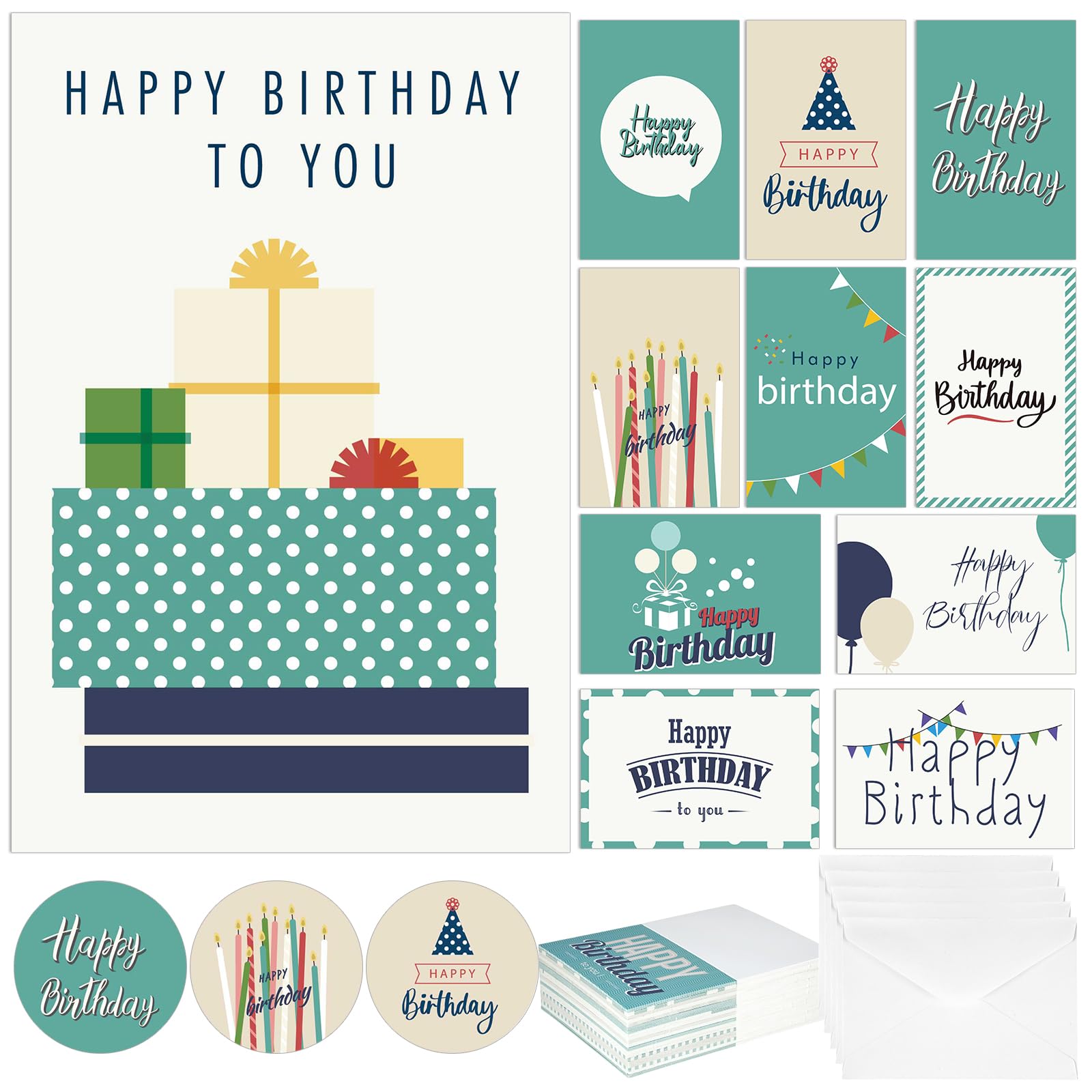 Harloon 200 Pack Happy Birthday Card Assorted Bulk with Blank Envelopes and Stickers 4 x 6 Inches Greeting Blank Happy Birthday Cards for Men Women Adults Kids, 20 Styles(Elegant Style)