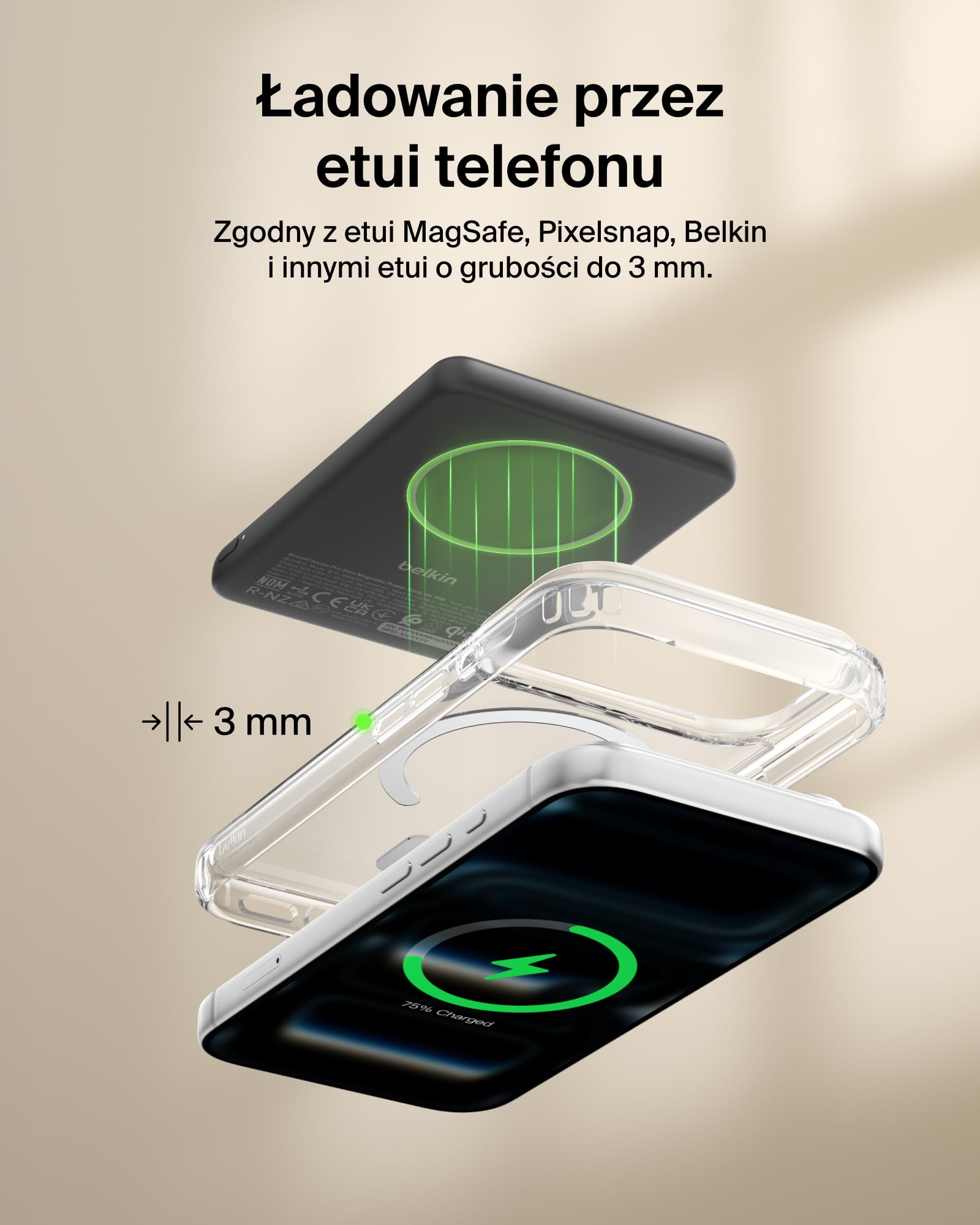 Belkin BoostCharge Magnetyczny Powerbank 5000mAh, Certyfikat Qi2, z Pierścieniem Magnetycznym i Portem USB-C, Smukła Ładowarka 15W do Urządzeń iPhone, Galaxy, Pixel – z Kablem USB-C – Czarny