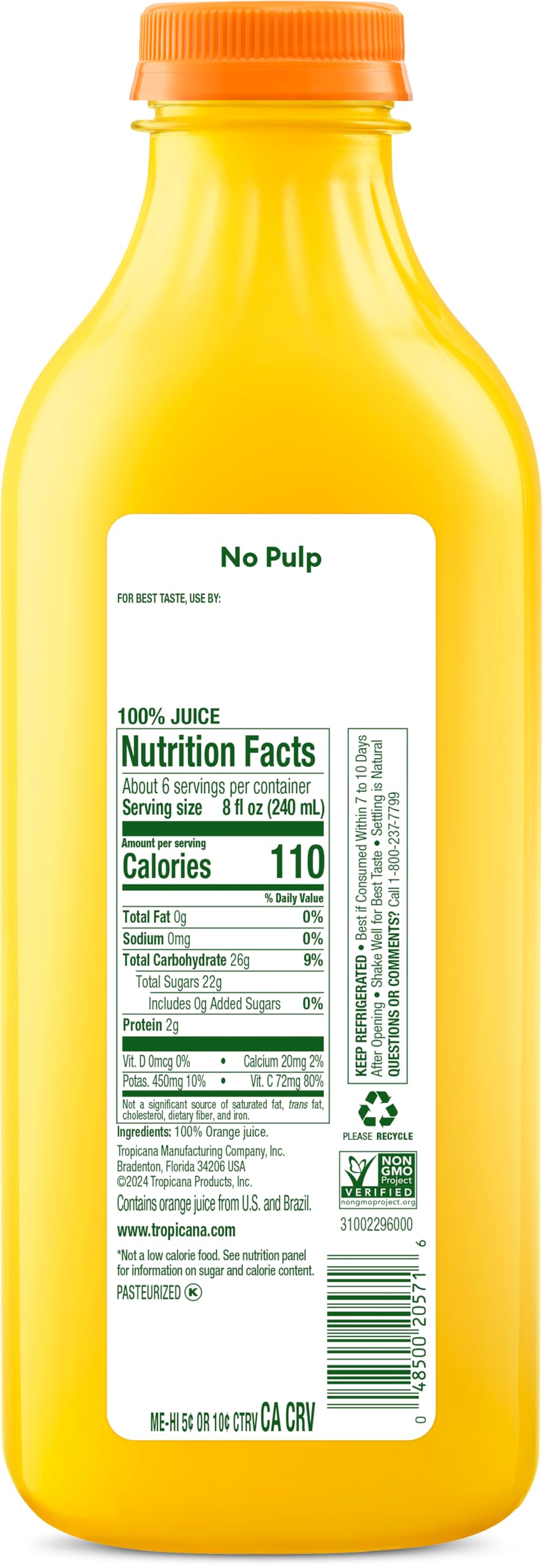 Tropicana Pure Premium 100% Orange Juice Original, No Pulp No Added Sugars, 46 fl oz bottle - 2