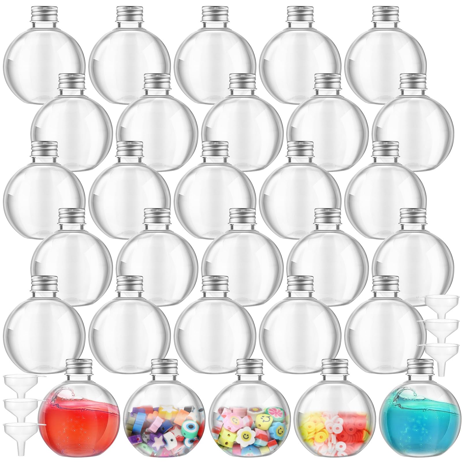 Jinei 30 Pcs 6 oz Ball Shape Plastic Sand Art Bottles Spherical Clear Plastic Potion Bottles Christmas Cocktail Ornament Balls for DIY Wedding Party Gift Crafts Decoration (Silver,Aluminum Cap)