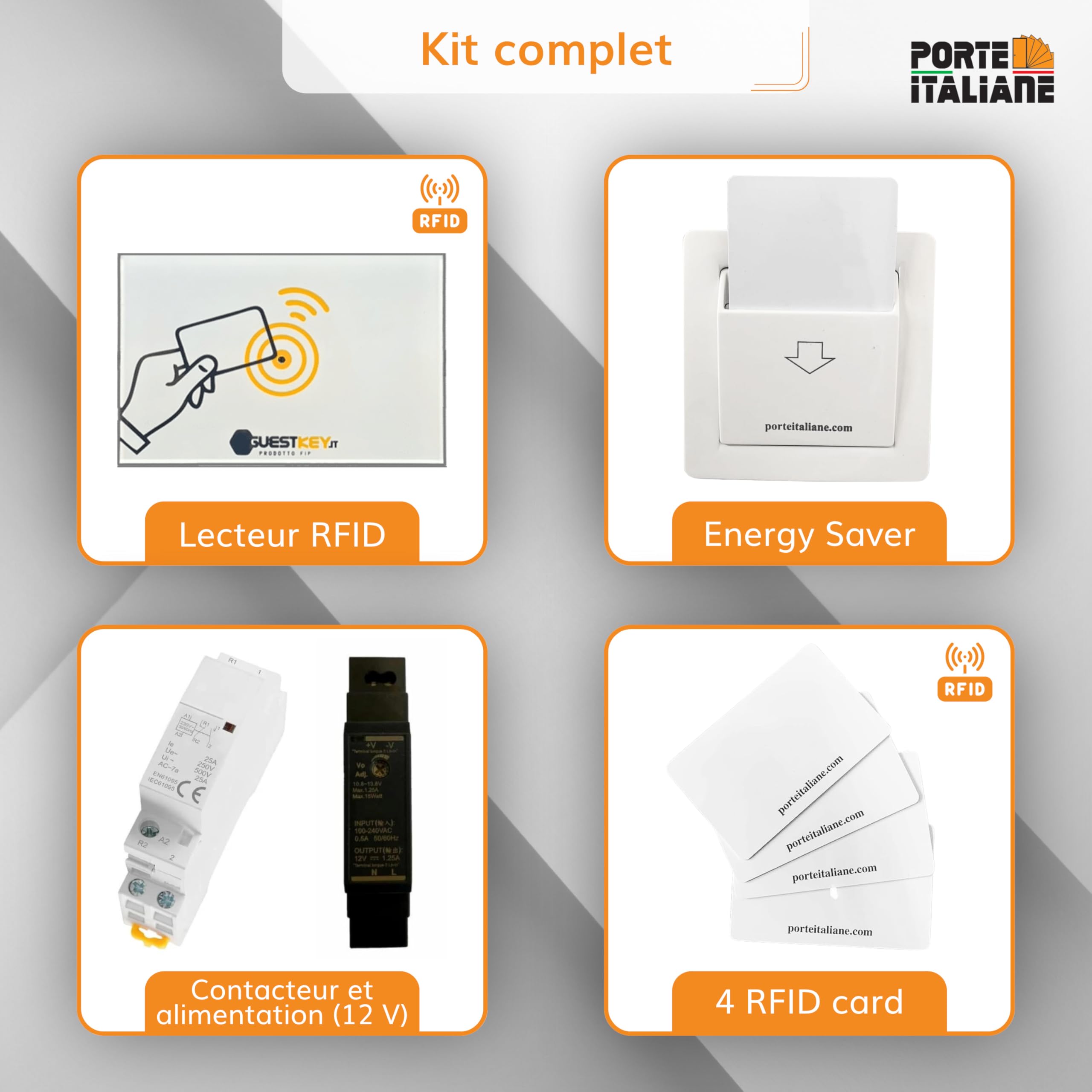 Porte Italiane, Lecteur de Badge RFID pour Contrôle d'Accès des Chambres dans Les B&B, Hôtels et Auberges, avec Pochette pour Économie d'Énergie, Kit Complet avec 4 Cartes RFID, Version de Base