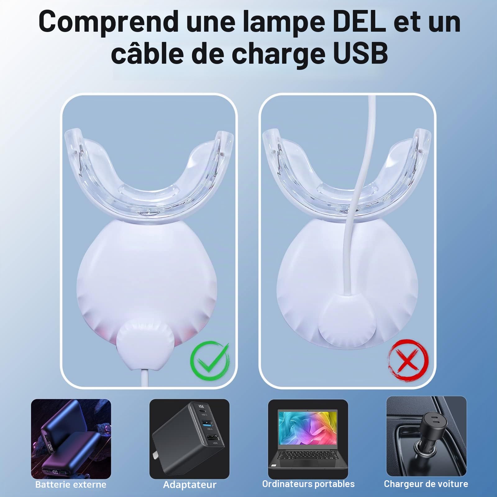 EOICCEOH Lumière de blanchiment des dents, 10 fois plus puissante lumière LED bleue connectée par USB, lumière LED sans batterie pour blanchiment des dents pour un usage domestique