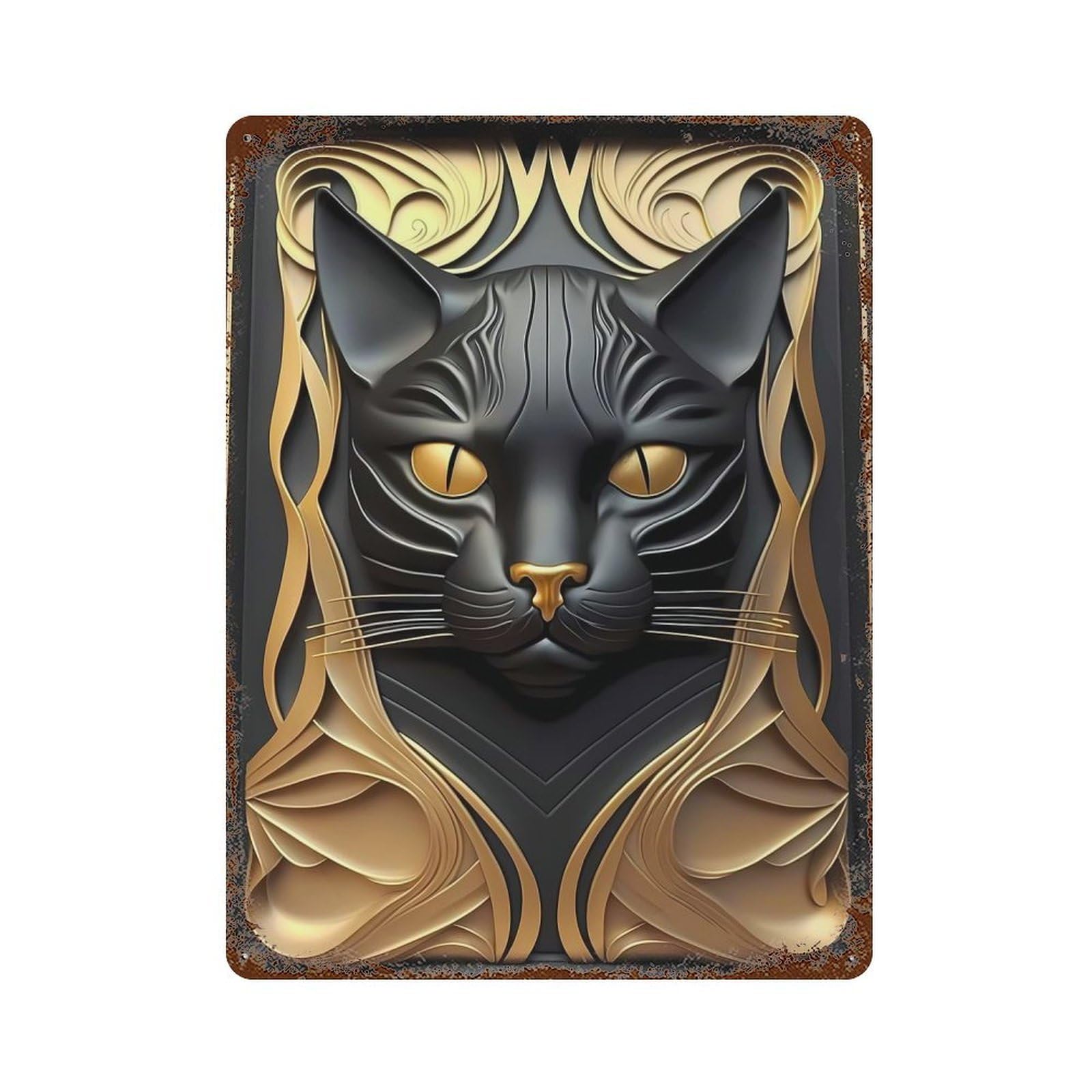 Garage Style Golden God Cat Art Deco Distressed Metal Wall Sign 15.7"x11.8", Retro Wall Decor for Bar And Workshop
