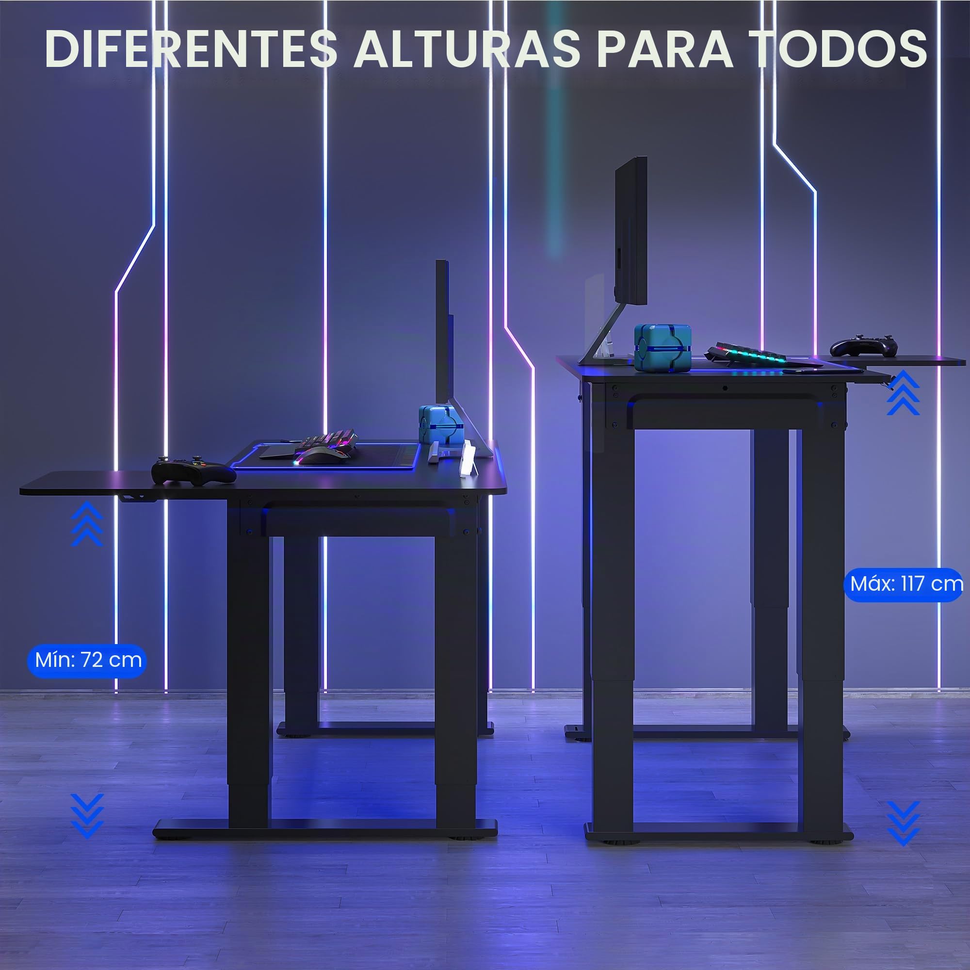 SANODESK Escritorio Elevable Eléctrico (180x110 cm) con 4 Patas - Escritorio de Juegos, Gaming Mesa, Escritorio Regulable en Altura en Forma de L con 2 Motor, Control de Memoria (Negro)