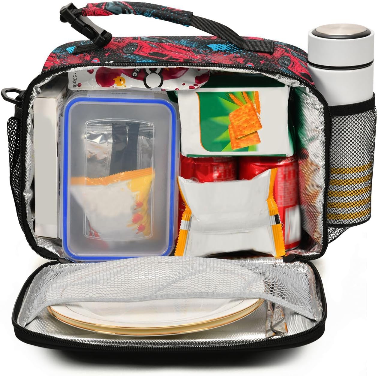 Dussdil Red Sport Speed Car Lunch Bags for Boys Kids Lunch Box Insulated Thermal Cooler Bag Reusable Organizer Tote Lunch Bag with Adjustable Shoulder Strap for Work Picnic Beach Sporting - Image 2