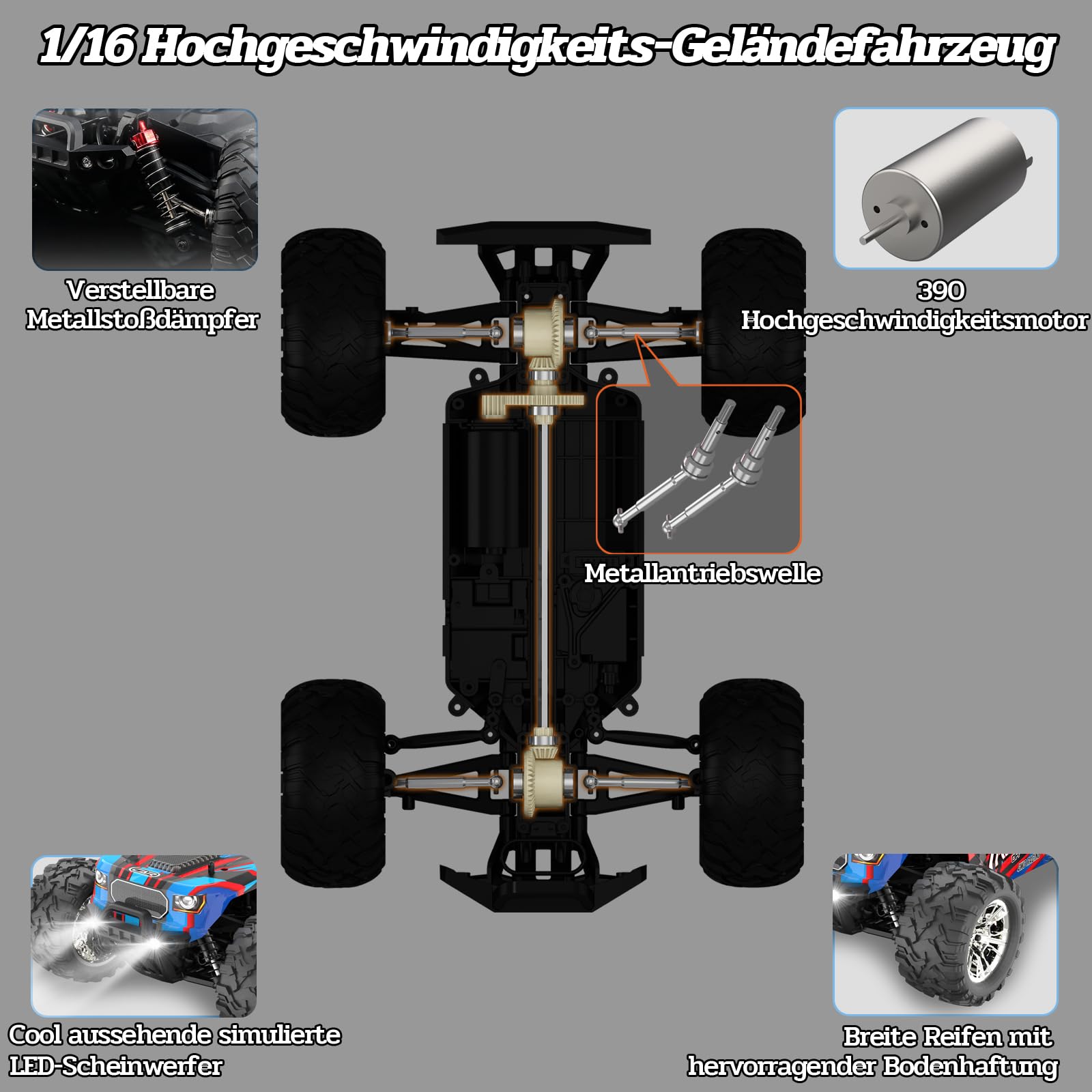 40 KM/H Ferngesteuertes Auto,1:16 RC Auto Ferngesteuert Monstertruck RC Car | Schnelles Ferngesteuertes Auto Monster Truck RC Auto für Erwachsene Verbesserung des Metallantriebssystems und der Federung