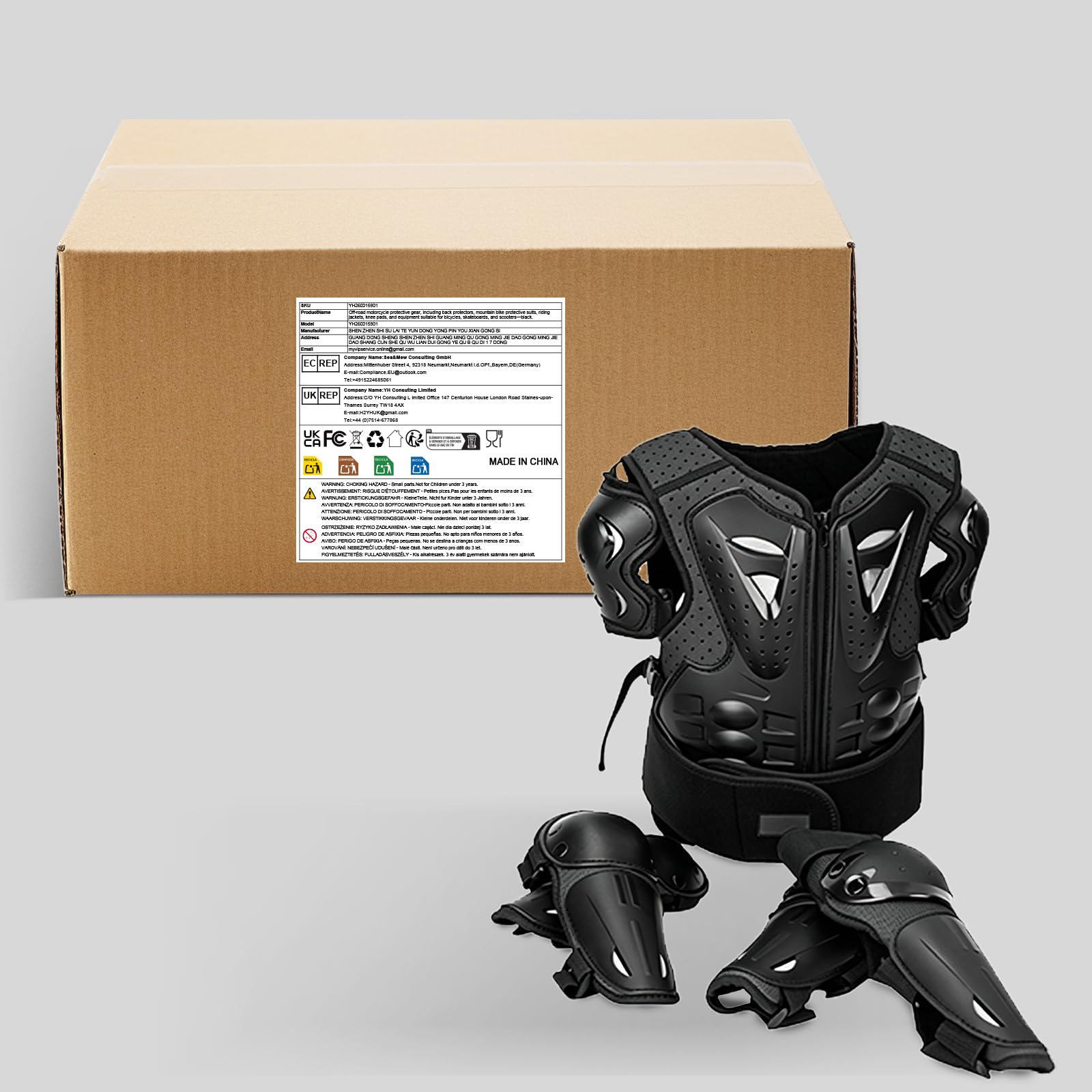 Ensemble de protections pour VTT avec plaque dorsale et genouillères pour le cyclisme | En PE et EVA, design biomimétique, construction modulaire, pour le ski, les rollers en ligne, à partir de 120 cm
