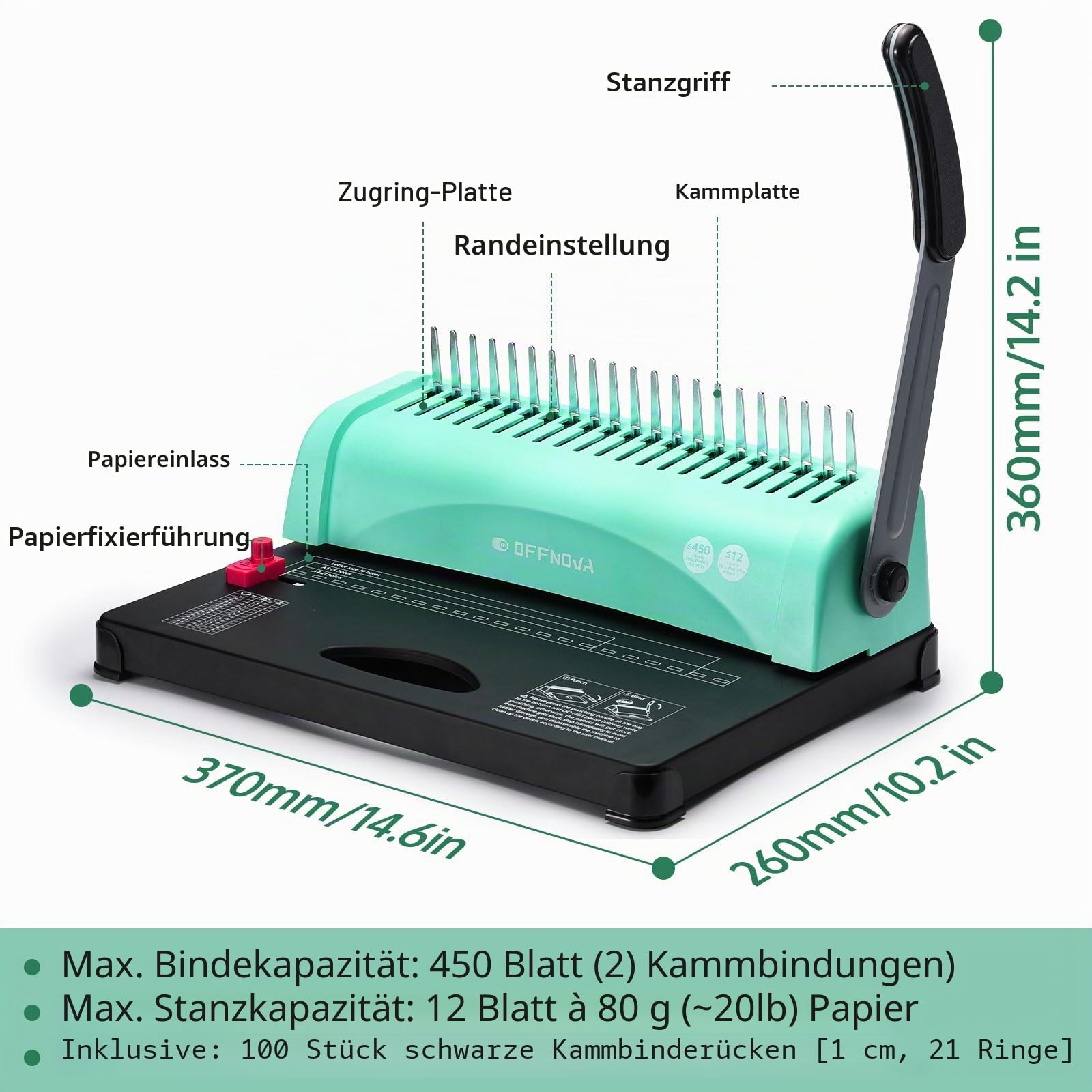 OFFNOVA Bindemaschine 21-Loch 450 Blatt Bindegerät, Spiralbindung Buchbinder Maschine mit Starter Kit Kamm Bindung Stacheln, für tägliche Office-Dokumente