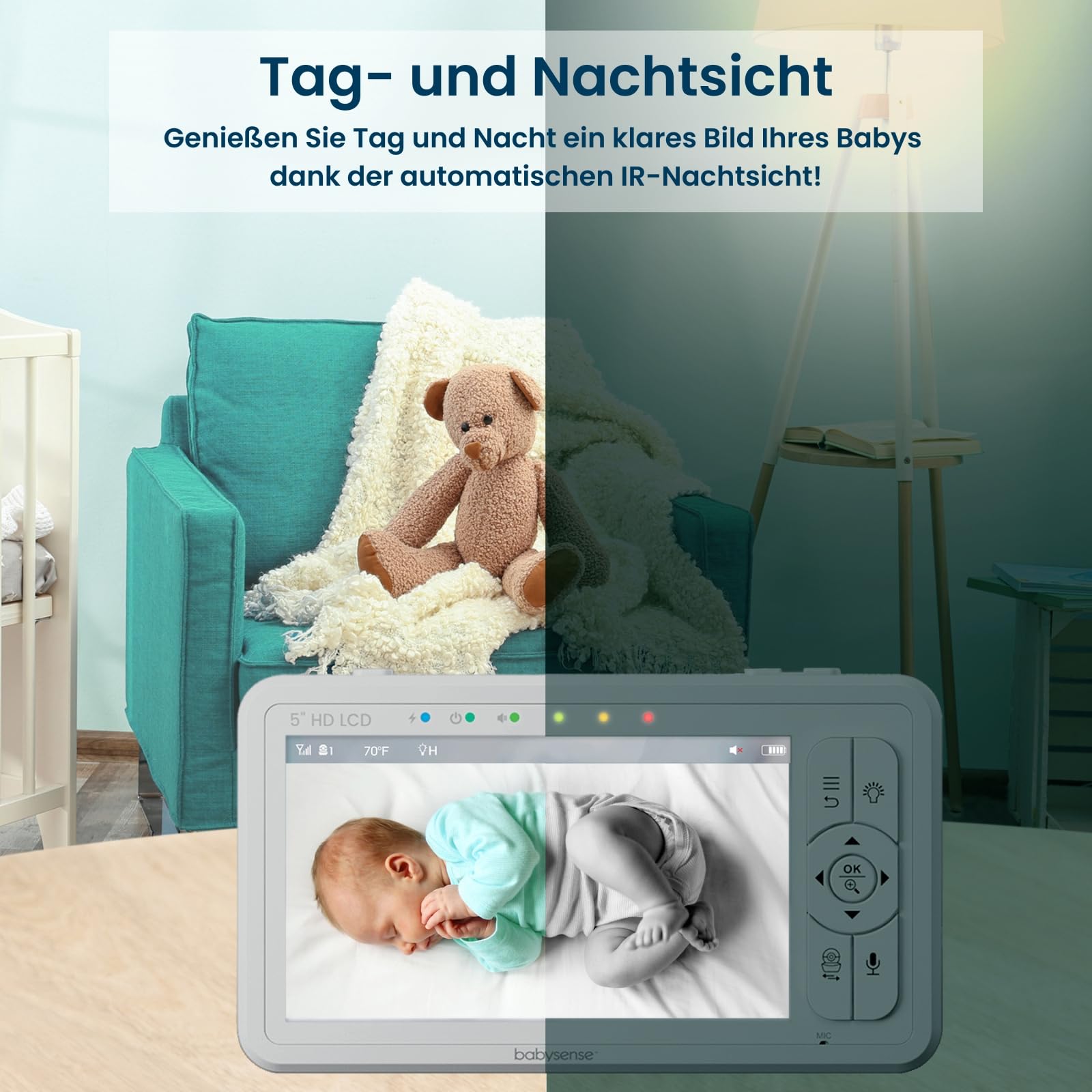 Babysense Video Babyphone HD 5 Zoll 2 Kameras ohne WLAN 300m Reichweite Zwei-Wege-Audio 4-facher Zoom 4000mAh Akku