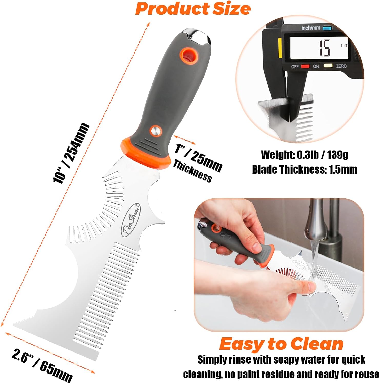 8-in-1 Paint Brush Comb and Paint Roller Cleaner Tool | Solvent-Resistant Stainless Steel Teeth, Easy Grip Rubber Handle, Putty Scraper, Small, Large Paintbrush & Roller Cleaning