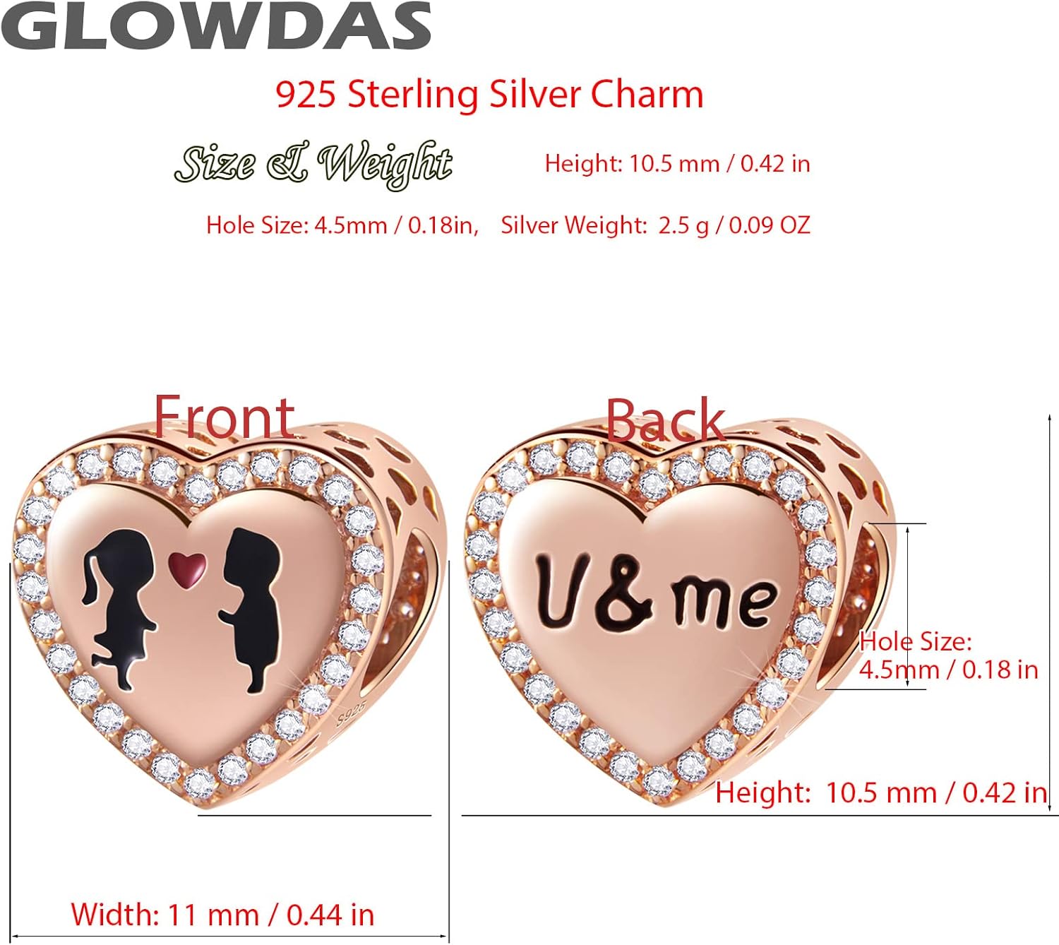 Rose Gold in Love Charms fit Pandora Valentines Day Bracelet, 925 Sterling Silver 'U and Me' I Love You Heart Beads for Couple/Christmas - Image 2