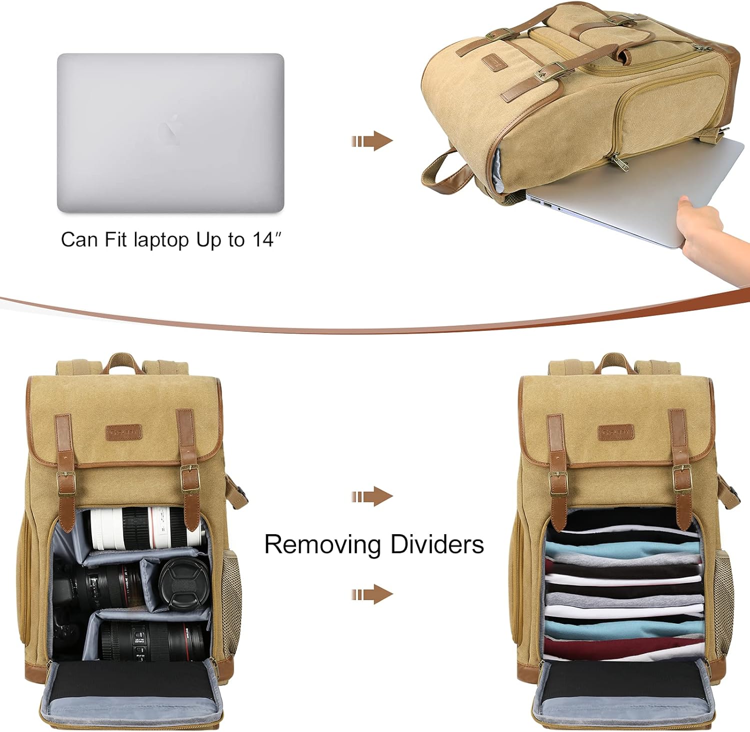 Buy 1 get 1 Endurax Canvas Camera Backpack for DSLR Photography Backpack with Quick Access Dual Compartments Fit SLR Cameras 3-5 Lenses and 14 Laptop Khaiki