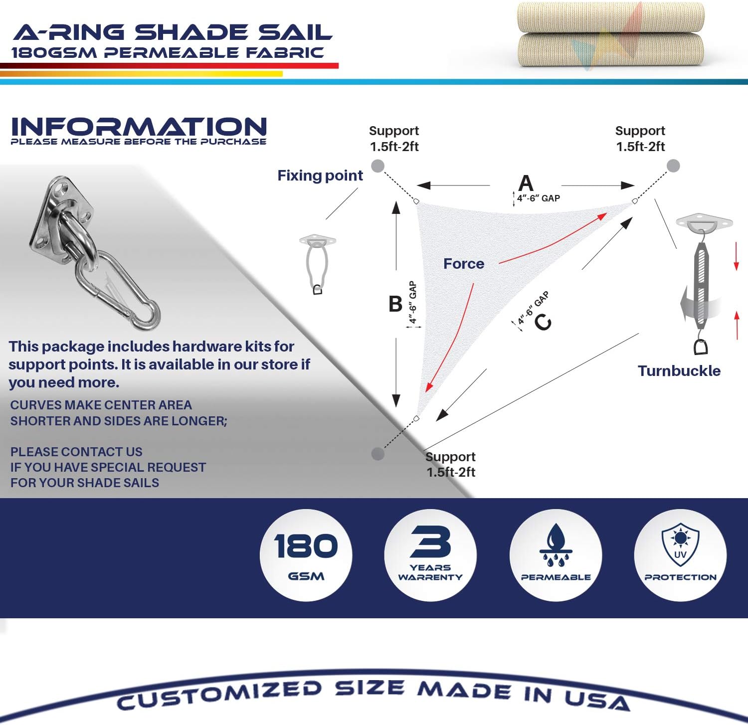 Windscreen4less 8' x 12' x 14' Sun Shade Sail Right Triangle Outdoor Canopy Cover with Hardware Kit UV Block for Backyard Porch Pergola Deck Garden Patio Pool (Beige)
