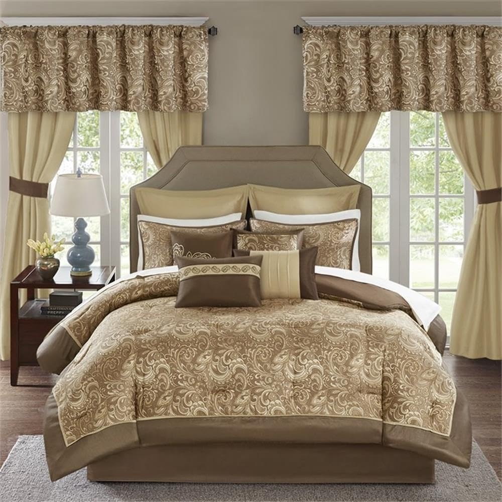 Pemberly Row 24-Piece Polyester Comforter Set, Brown and Gold Jacquard Design, Microfiber/Faux Silk Material, Includes Bedding, Curtains, Decorative Pillows, Tiebacks, Valances for Luxurious Bedroom