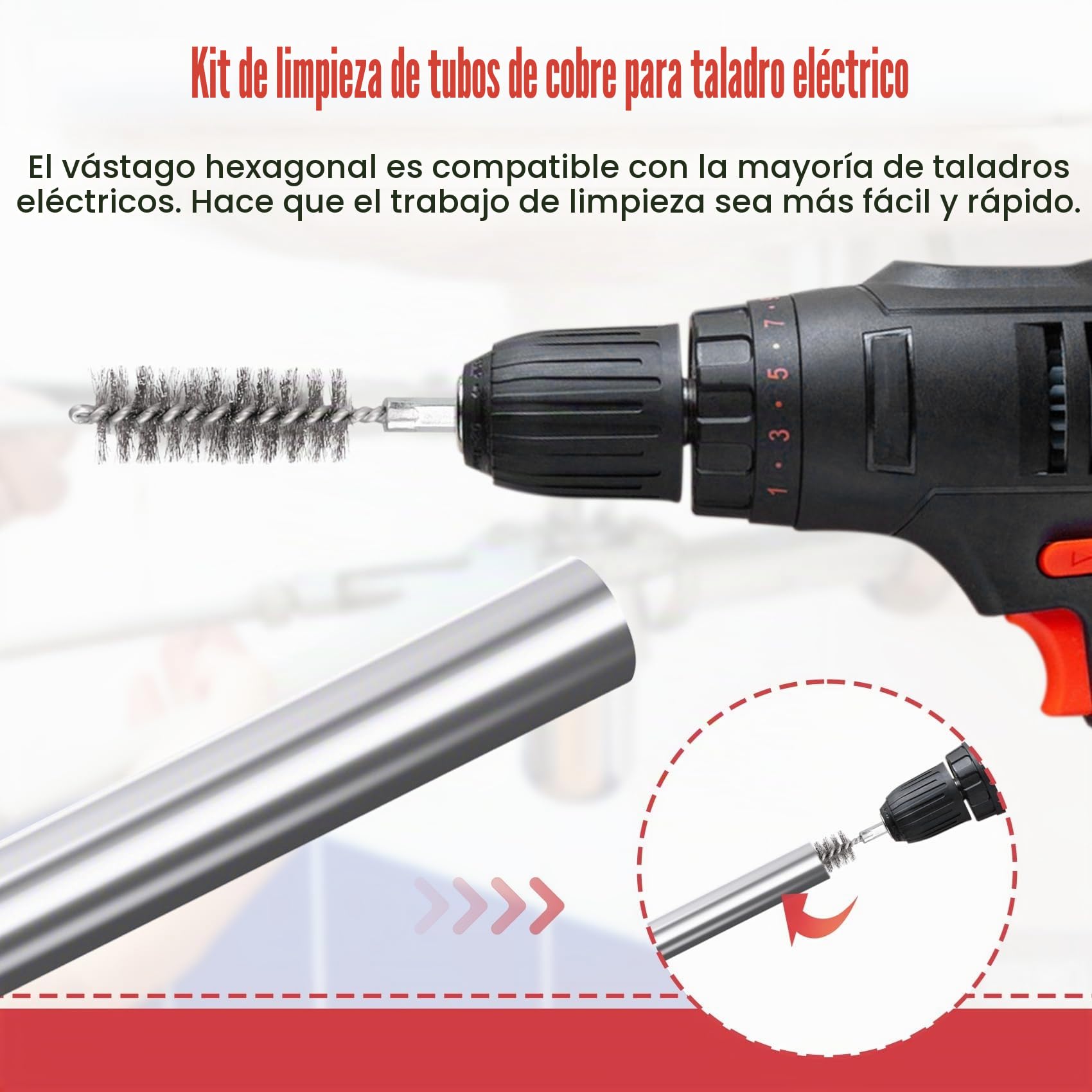 Kit de limpieza de tubos de cobre para taladro, cepillo de limpieza de tuberías, limpieza de tubos de cobre, mangueras y accesorios para soldar