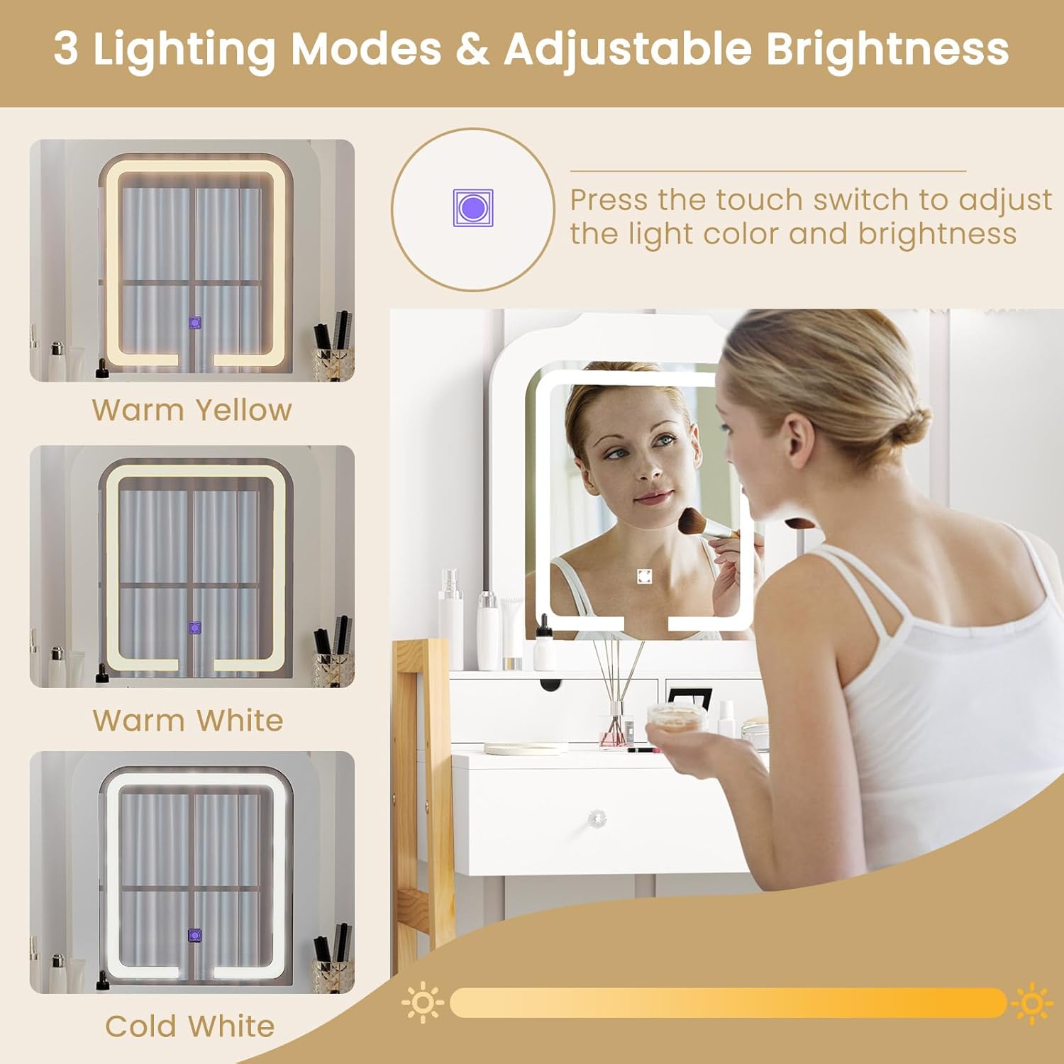 LOKO Vanity Set with Mirror & Lights, Dressing Table and Chair Set with 3 Lighting Modes & Adjustable Brightness, Adjustable Pine Wood Legs, Open Shelf & 3 Drawers, Modern Vanity Desk Set for Bedroom