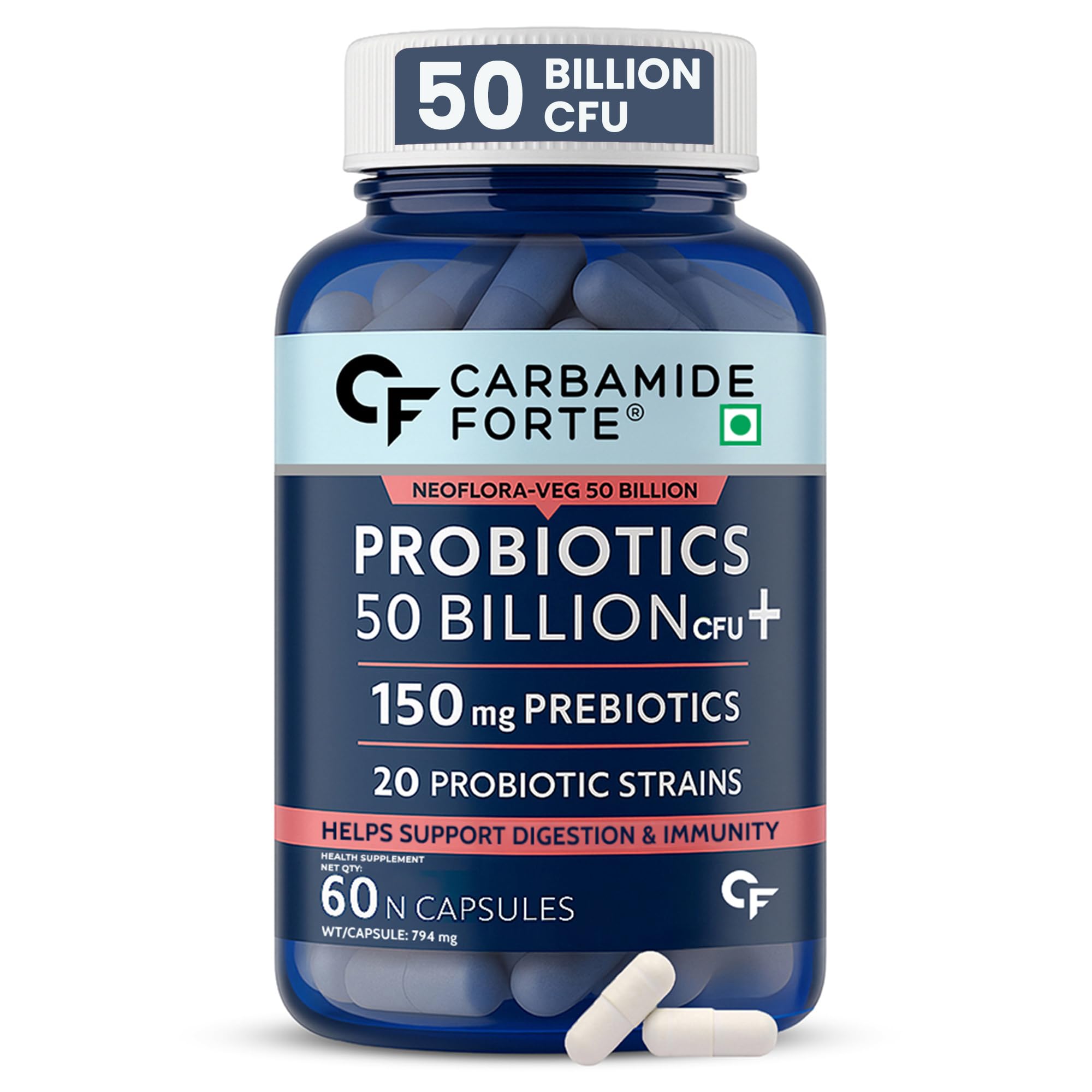 Carbamide Forte Pre and Probiotics for Women & Men | Acidophilus Probiotics 50 Billion CFU | Gut Health Supplements for Bloating | 60 Digestion Supplement Capsules