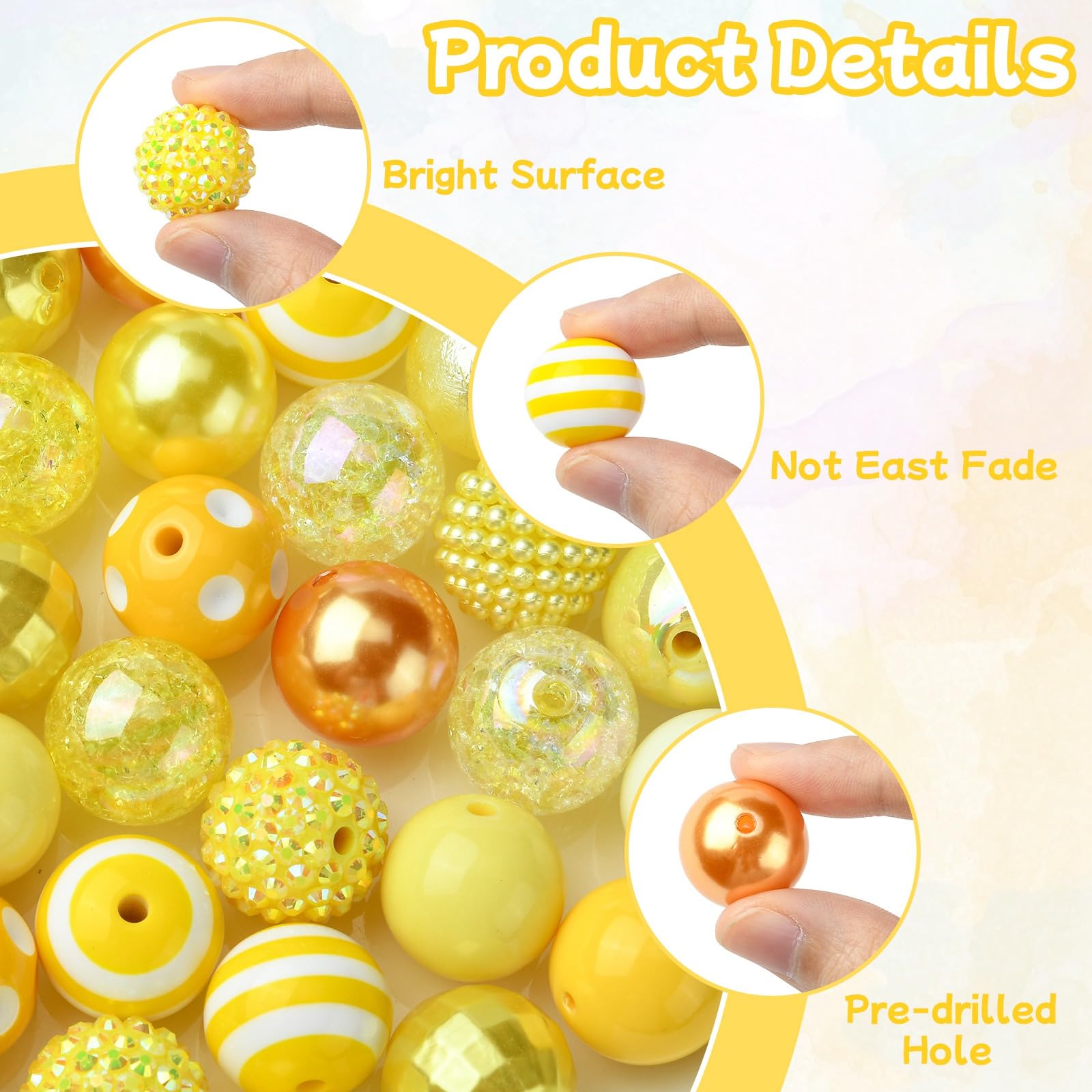 UR URLIFEHALL 50 Pcs Yellow Bubblegum Beads 20mm Round Rhinestone Beads Acrylic Plastic Gumball Beads for Beadable Pens Jewellery Making Crafts - Image 3
