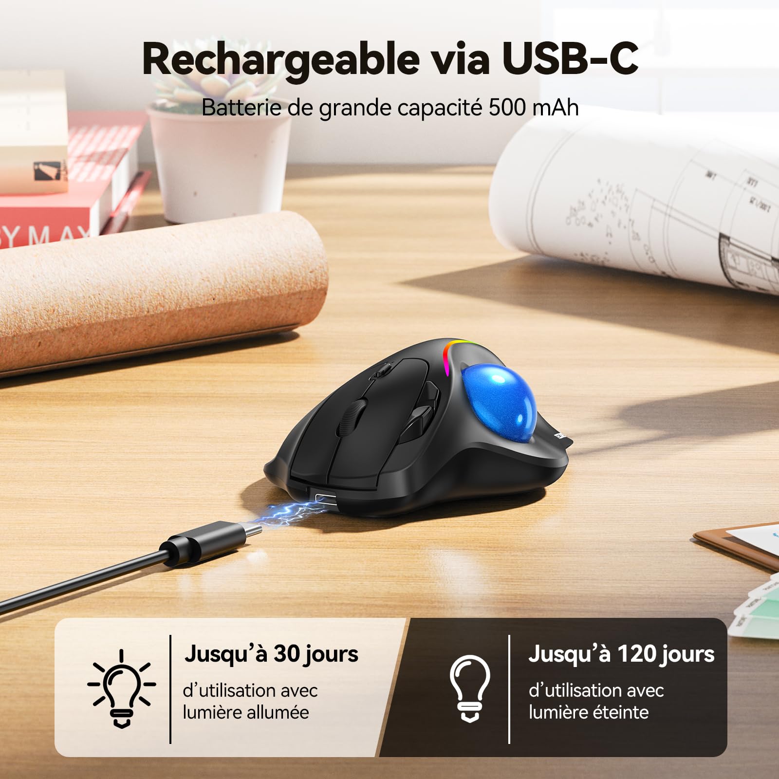 TECKNET Trackball Souris sans Fil, Bluetooth et dongle crypté | Souris Ergonomique sans Fil, 6 Touches, Connexion à 3 appareils, éclairage RGB, Compatible avec PC/Mac, Bleu