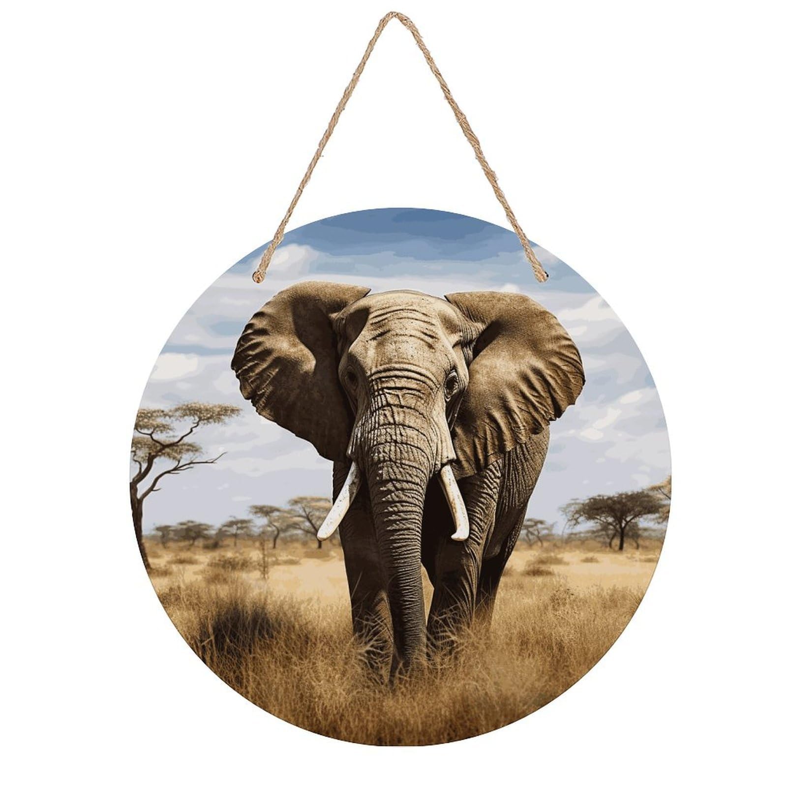 Elephant Round Wooden Ornaments Unique Wood Decorative Paintings for Christmas Retro-Style Wooden Door Hanger for Crafts Home Holiday Decor Bar 7.87 Inch
