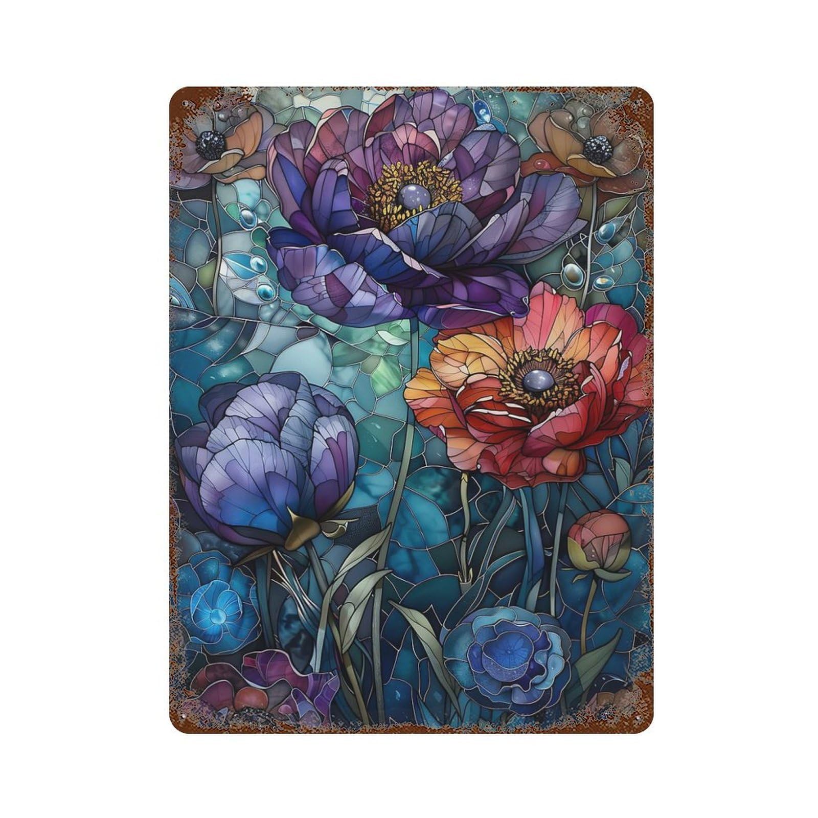 Stained Glass Flowers 15.7"x11.8" Aged Metal Wall Plaque, Retro Wall Decor for Farmhouse, Kitchen And Entryway Decor