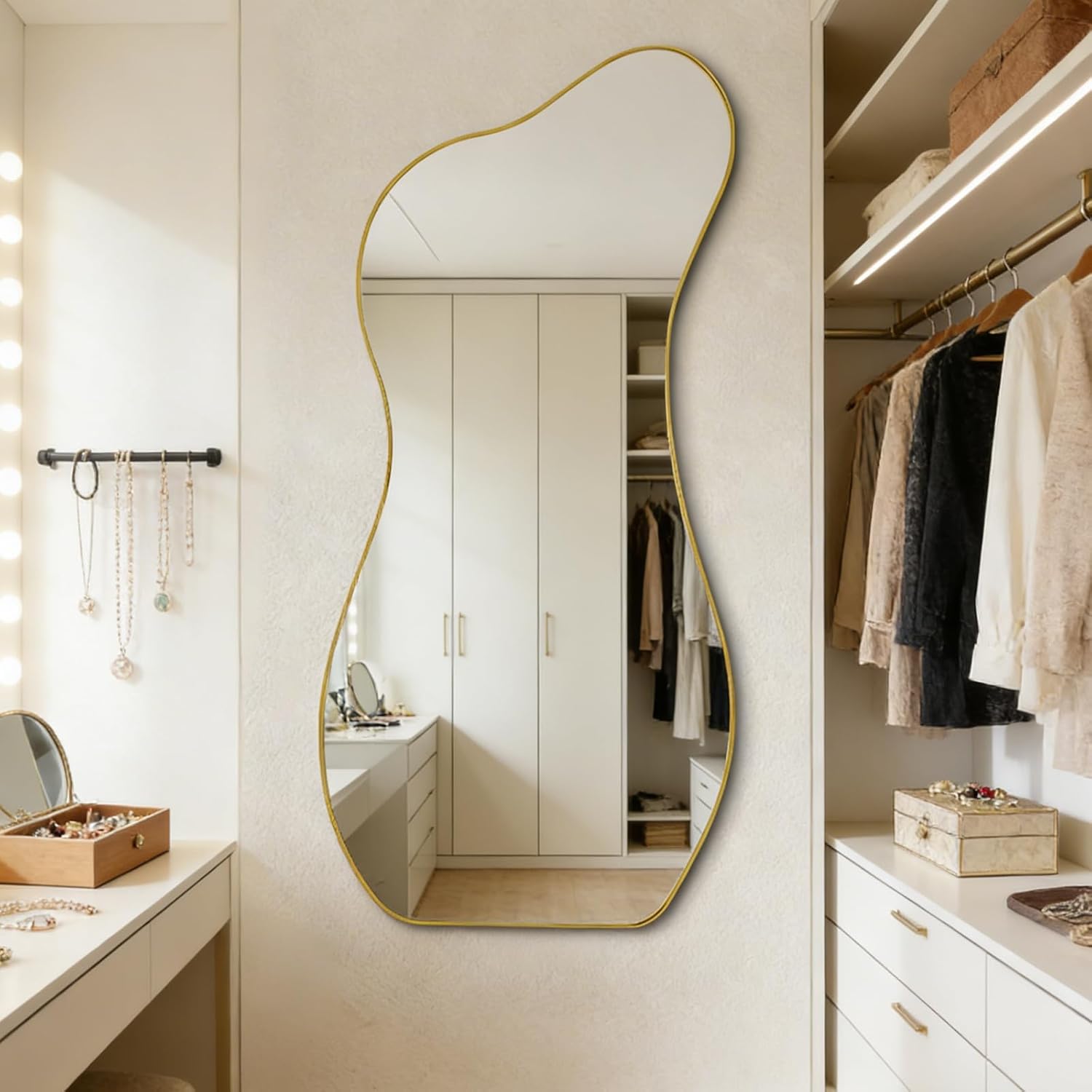 Large Irregular Mirror, 63"x30" Gold Asymmetrical Wall Mirror with Metal Frame, Modern Organic Shaped Mirrors for Living Room Bedroom Hallway Entryway, Hanging or Leaning