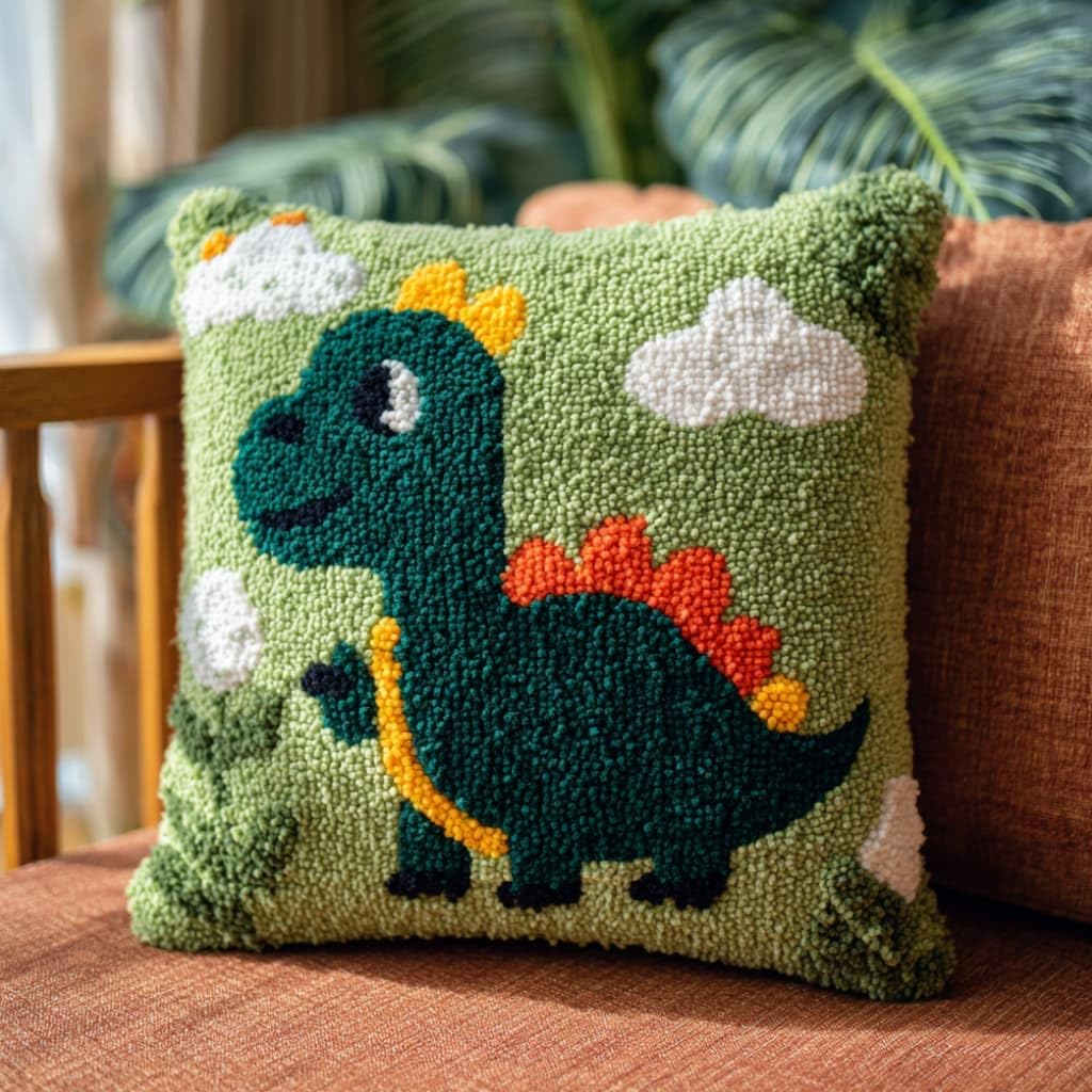 WallustrioaW Latch Hook Pillow Case Kits,Dinosaurs 17X17 Inch Latch Hook Cushion Cover Kit,Knitting Kits Cushion for Adults Rug Making Kit for Starters