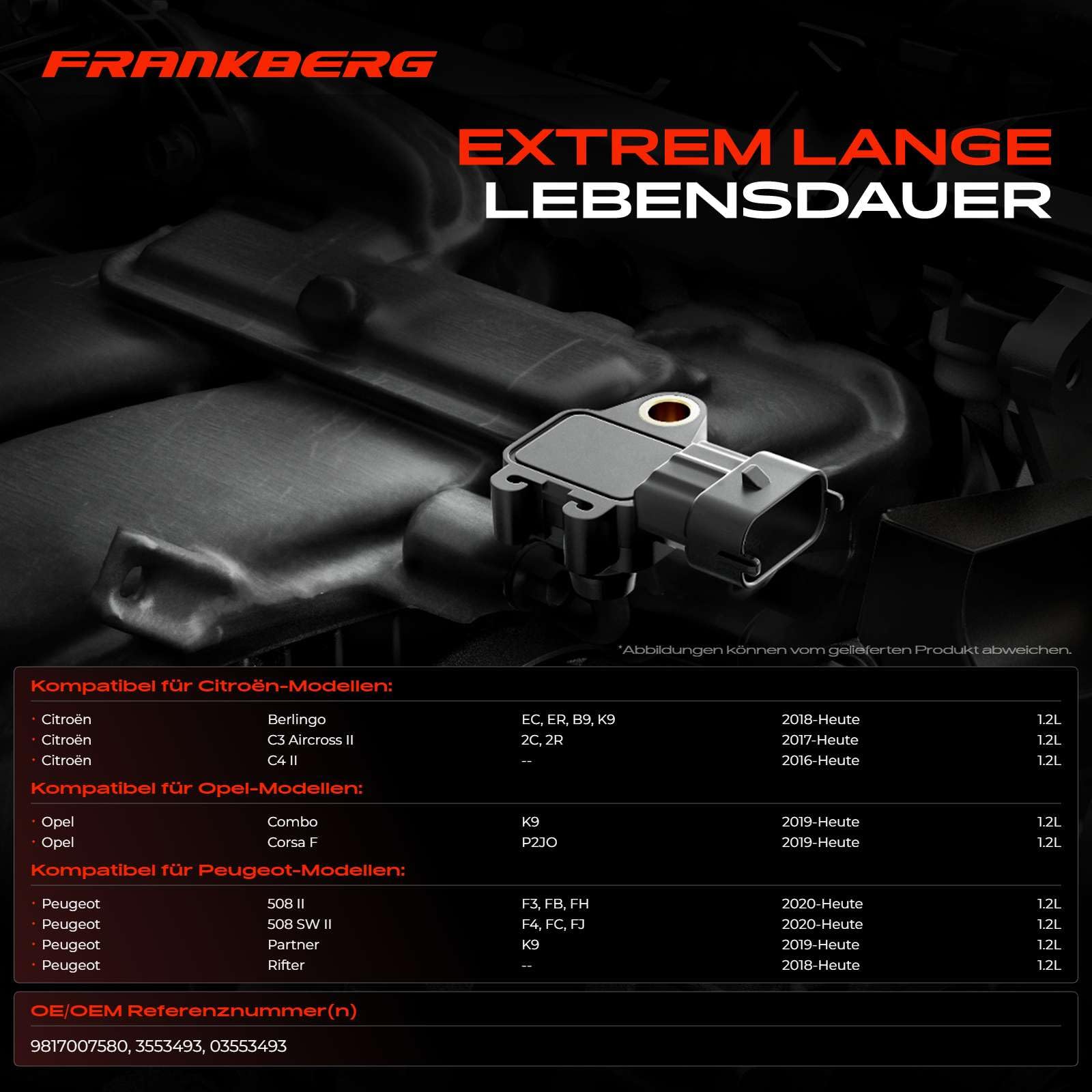 Frankberg Capteur de pression différentielle d'échappement à 3 broches | Compatible avec: Crossland X P17 P2QO, Fourgon Crossland X, Grandland X A18 P1UO, 208 II UB UJ UP UW