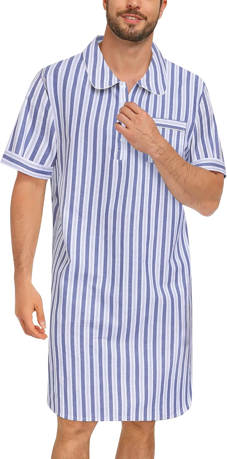 SWOMOG Men's Nightshirt 100% Cotton Short Sleeve Nightgown Button Down Sleep Shirt Soft Sleepwear Comfy Nightwear - Image 2