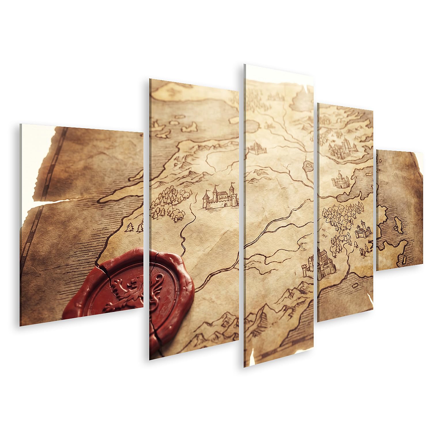islandburner Quadro su tela con mappa mistica medievale, decorazione da parete per ufficio per gli amanti della storia, 5 pezzi