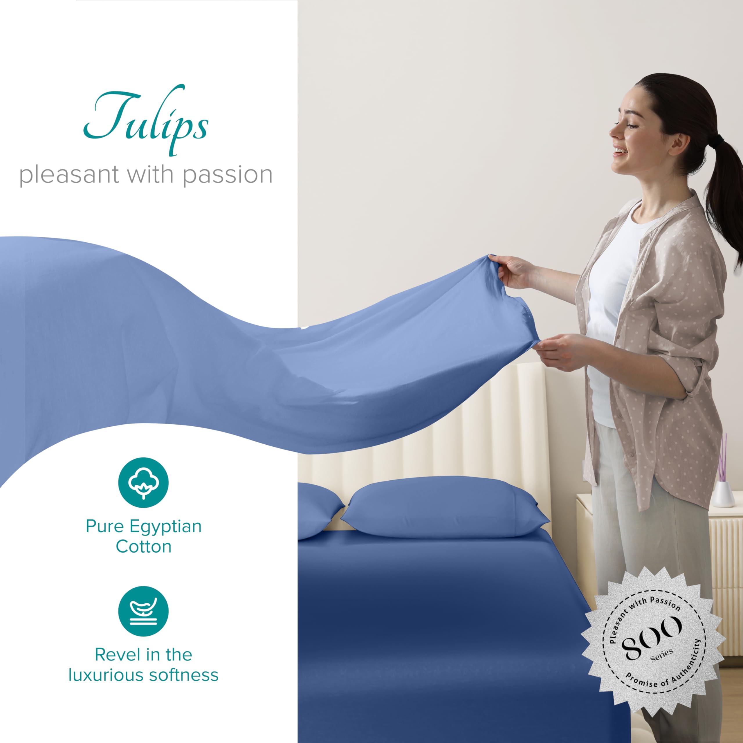Carressa Linen 100% langstapelige, weiche ägyptische Baumwolle, 4-teiliges Set, Doppelbettlaken, bis zu 17" tiefe Tasche, glattes und weiches Satingewebe, luxuriöse Bettwäsche, tief ep Blue