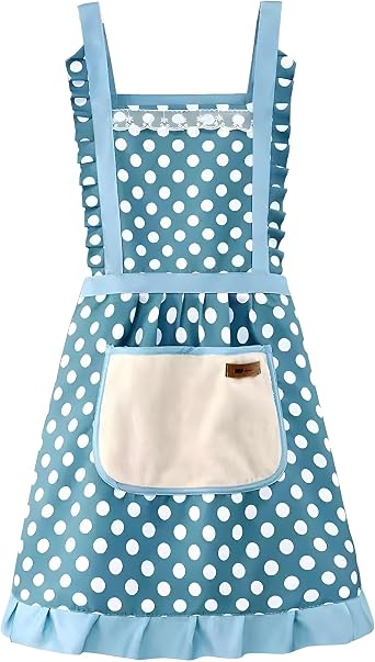 Stylish Womens Apron, Soft Cotton-Linen Kitchen Cooking Apron, Polka Dot Vintage Cute Waterproof Apron