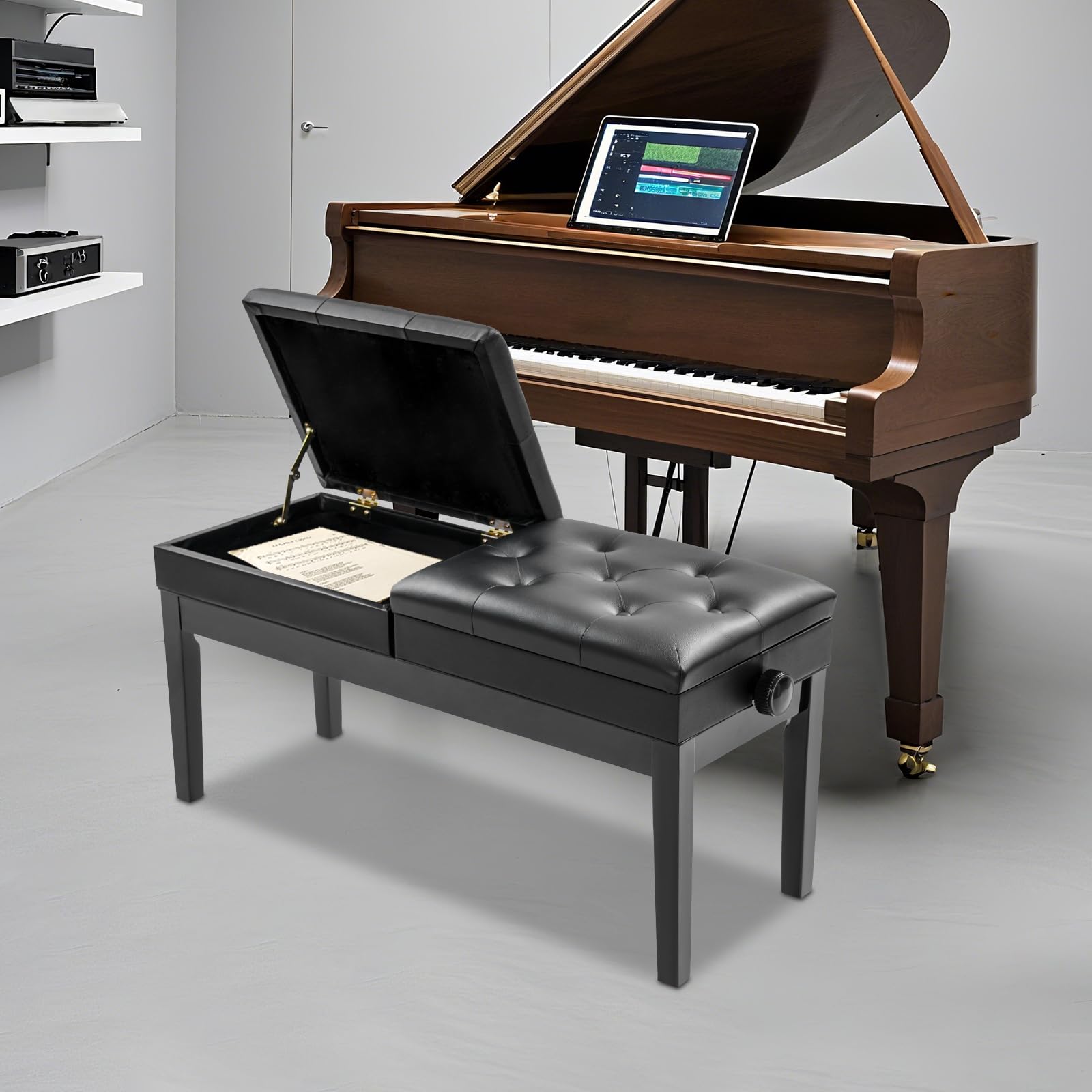 Doppelsitzer Pianobank,108x39x48cm Klavierbank,Klavierhocker Höhenverstellbar 2 Personen,200KG Belastbar,Klavierstuhl mit Stauraum für Zu Hause,Schulen,Konzerten(Schwarz)