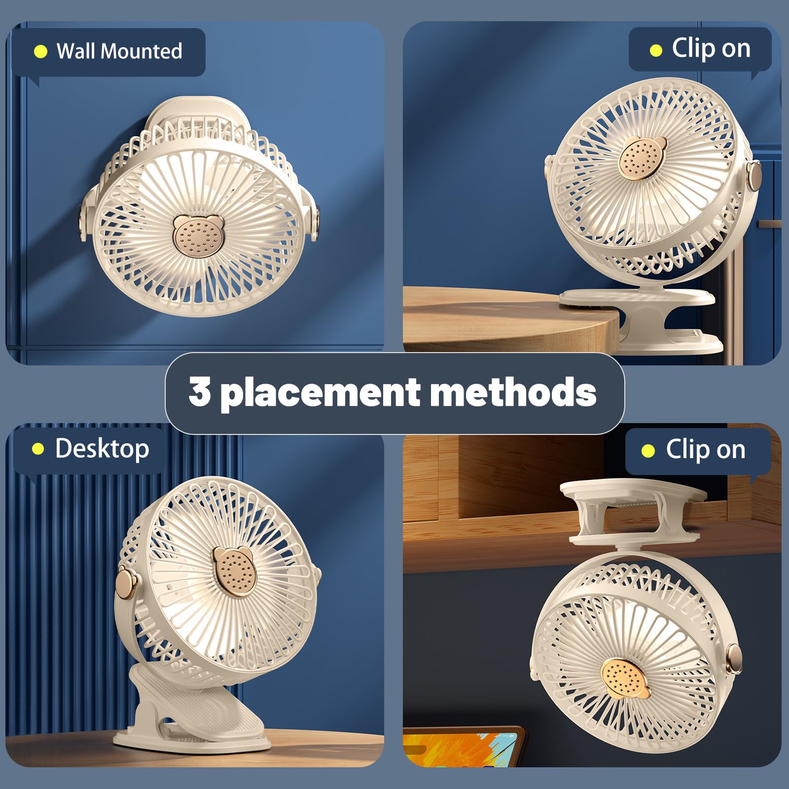 Portable Clip on Fan, 8-Inch 720° Rotate Battery Operated Desk Fan with LED Light, 5-Speed Quiet Small Personal Fans, Aromatherapy Function USB Rechargeable Cooling Fan for Home Office Camping (White)